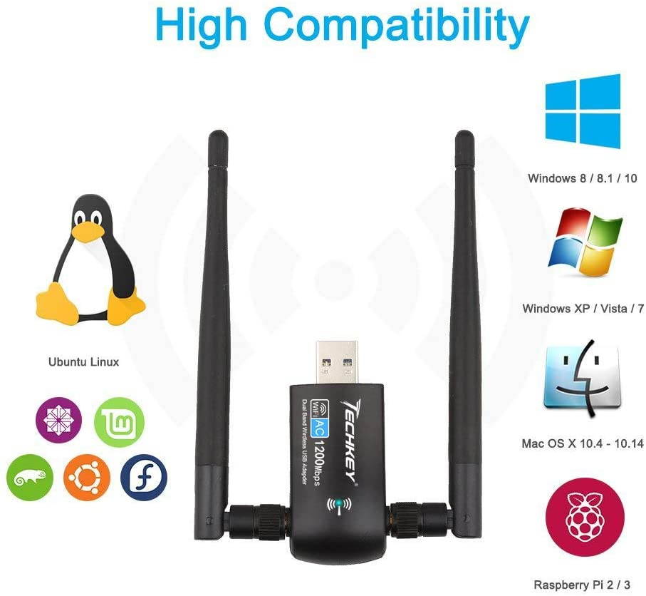 Wireless USB WiFi Adapter, 1200Mbps Dual Band 2.42GHz/300Mbps 5.8GHz/867Mbps High Gain Dual 5dBi Antennas Network WiFi USB 3.0 for Desktop Laptop with Windows 10/8/7/XP, Mac OS X