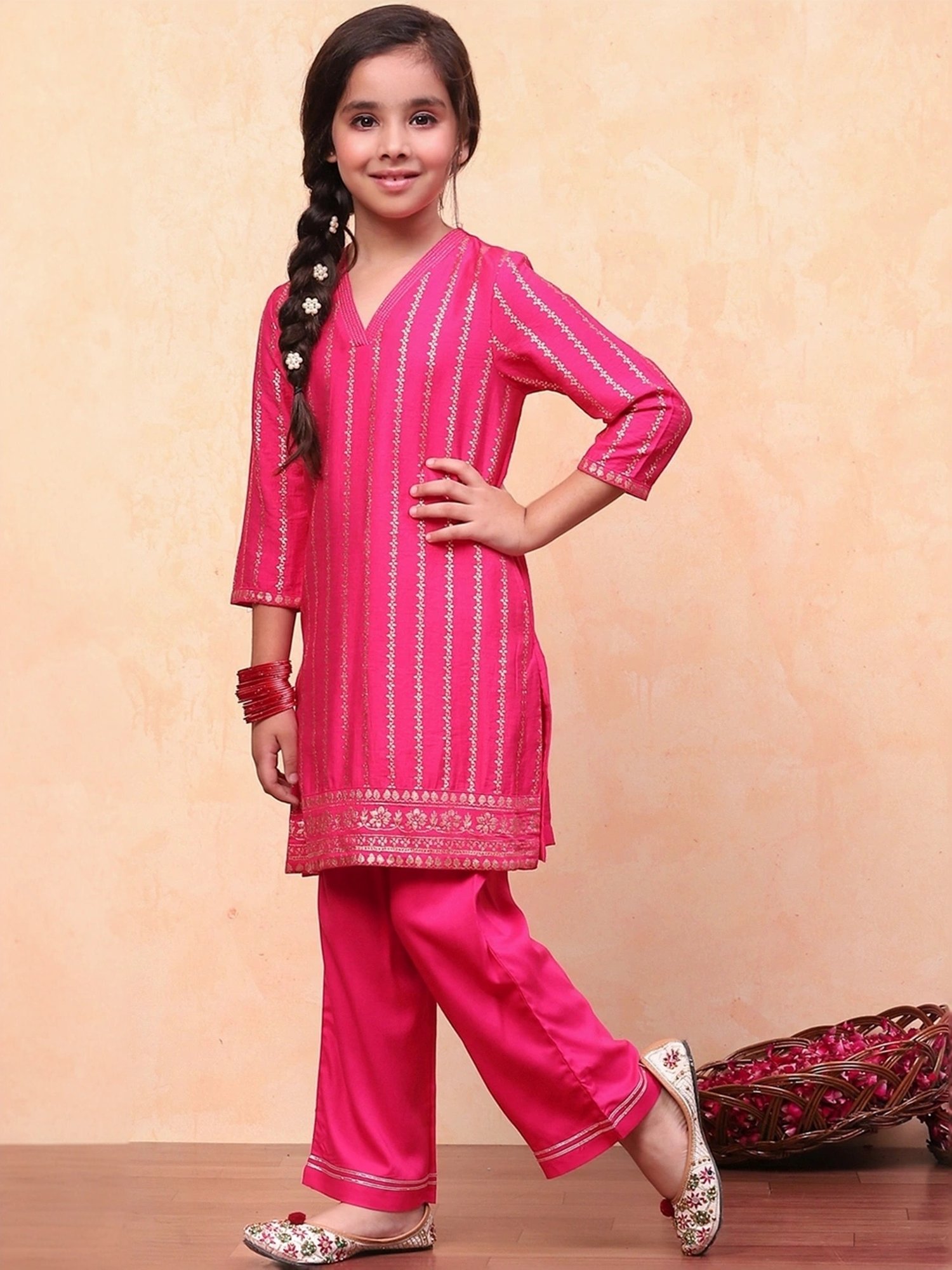Biba Girls Pink Embellished Kurta set