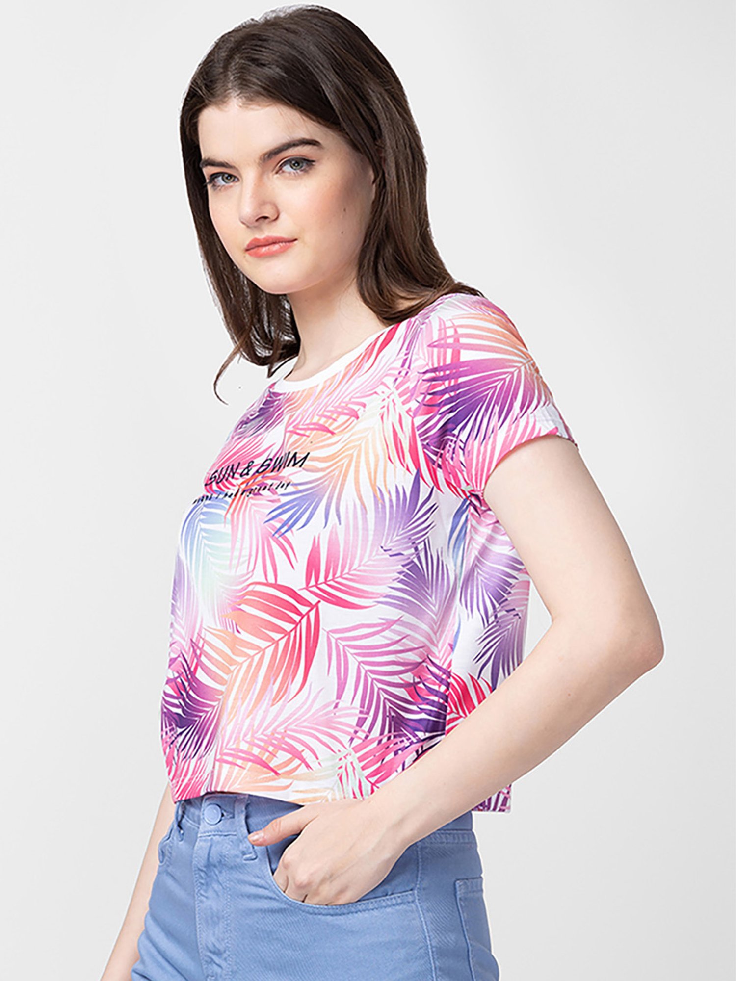 Spykar White & Pink Cotton Printed Top