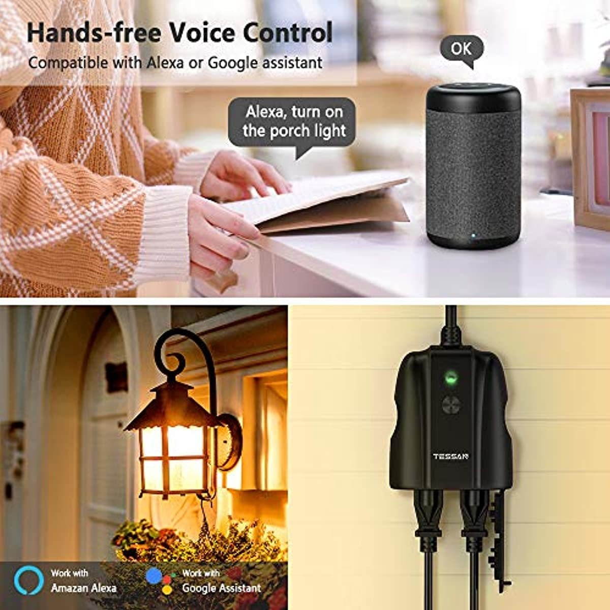 Outdoor Smart Plug, TESSAN WiFi Outlet Works with Alexa, Google Assistant, 2 Individual Socket Outside Power Strip Waterproof Timer Extension Cord with Switch for Lights and 2HP Pool Pump