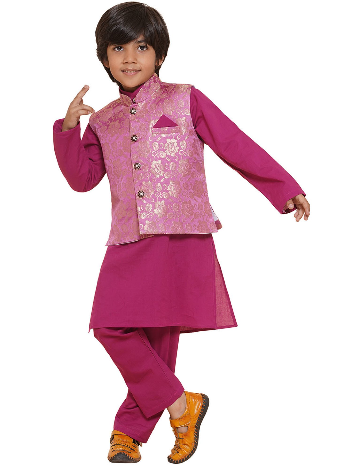 AJ Dezines Kids Pink Floral Print Full Sleeves Kurta, Pyjamas & Waistcoat