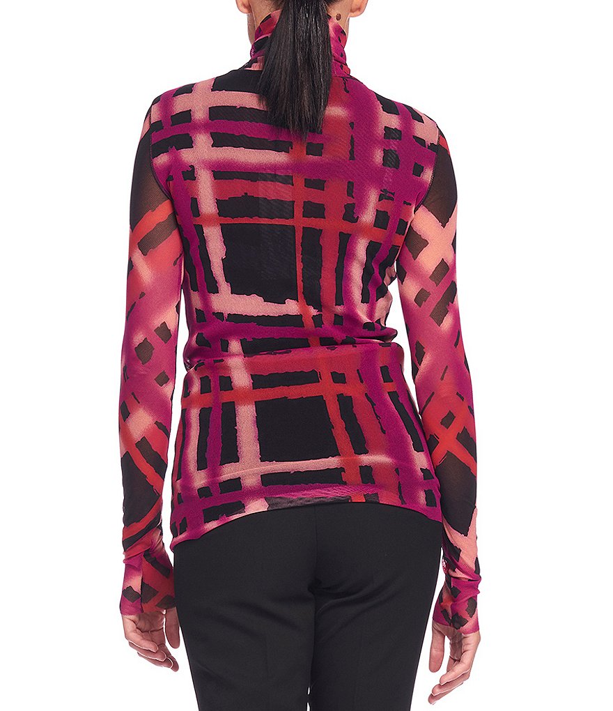 FUZZI Tulle Mesh Abstract Print Turtleneck Long Sleeve Top