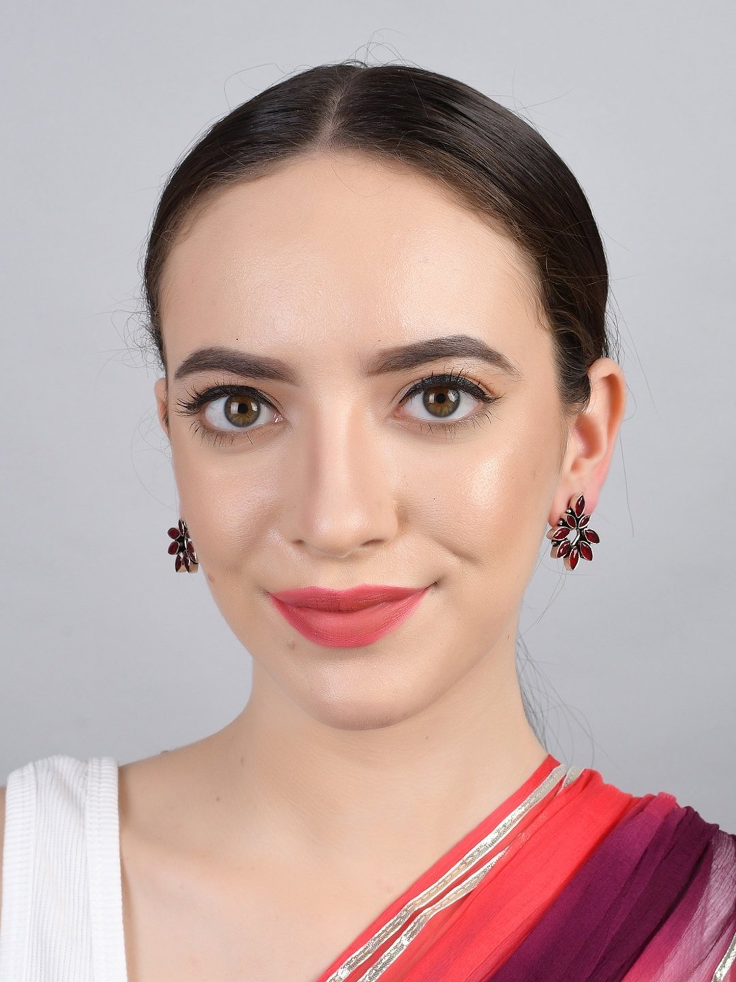 Imli Street Maroon Silver Tone Stone-Studded Handcrafted Stud Earrings