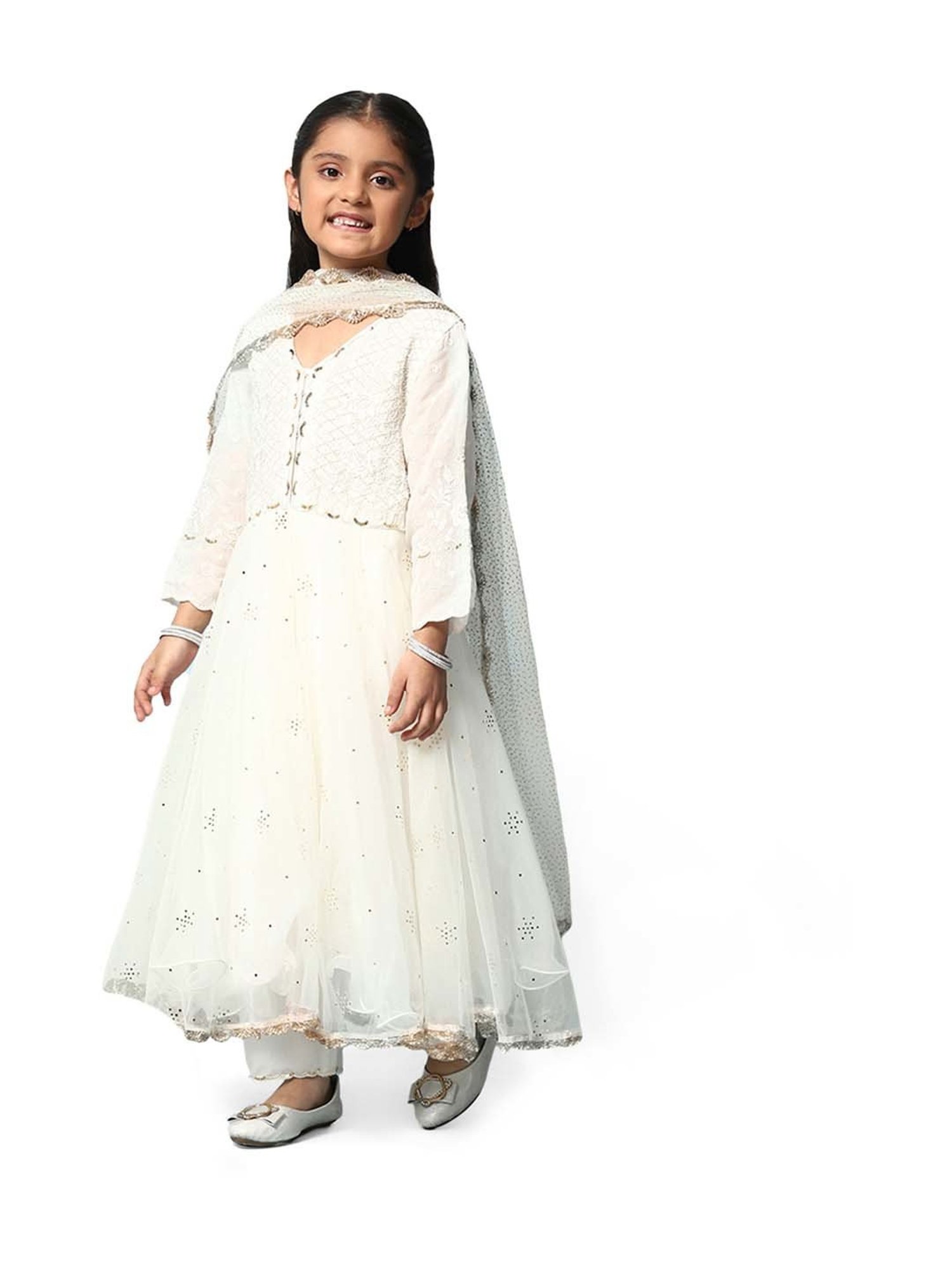 BIBA Girls Off-White Embroidered Full Sleeves Kurta Set