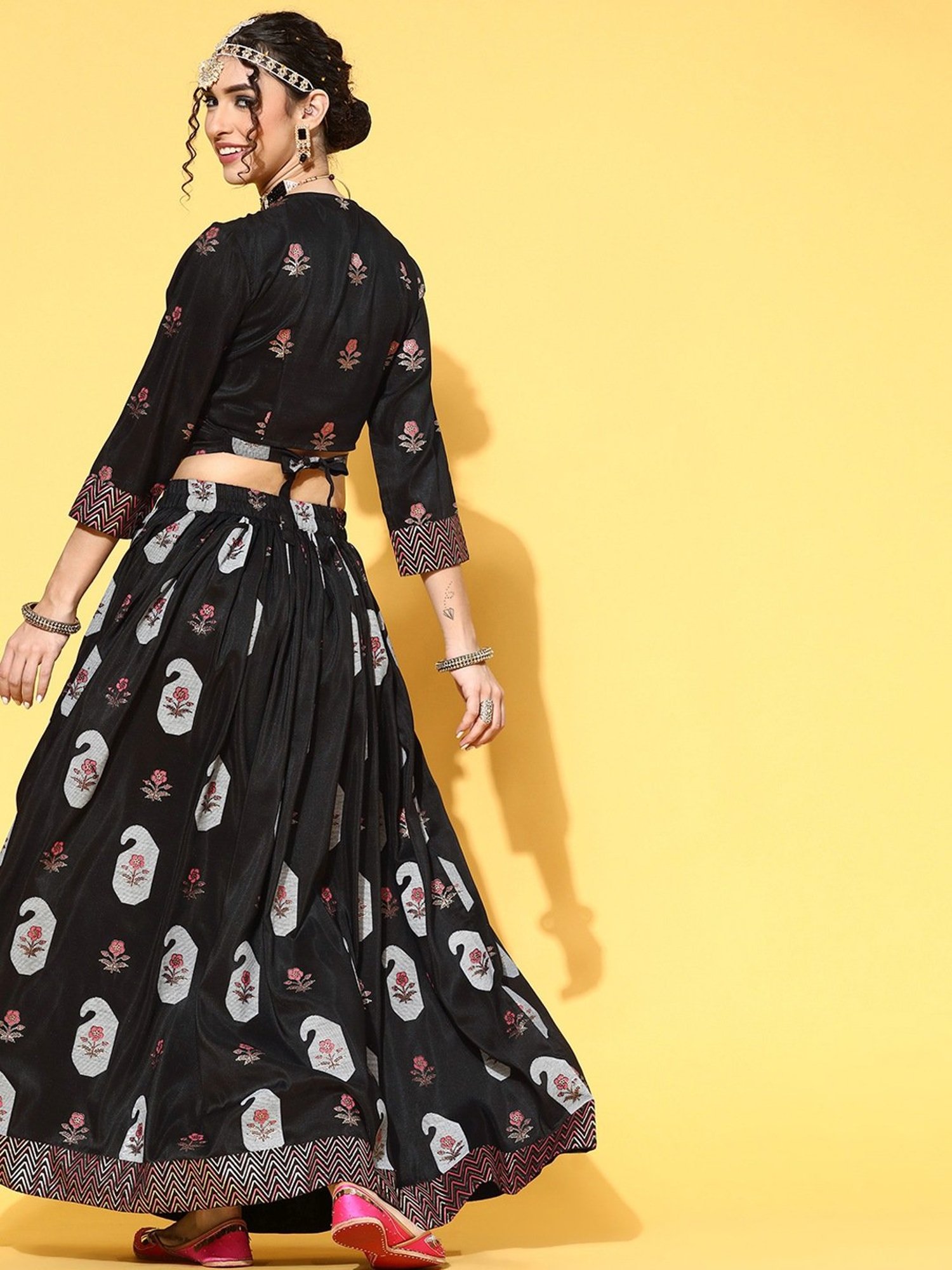 Ziyaa Black Floral Print Crop Top Skirt Set