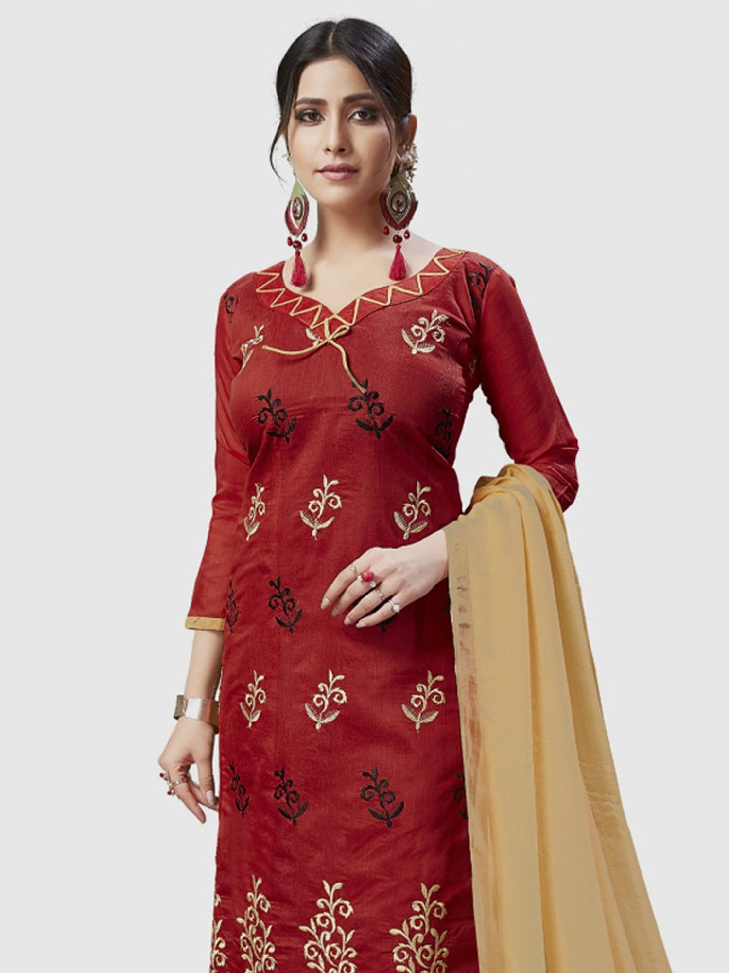 APNISHA Maroon & Beige Embroidered Unstitched Dress Material