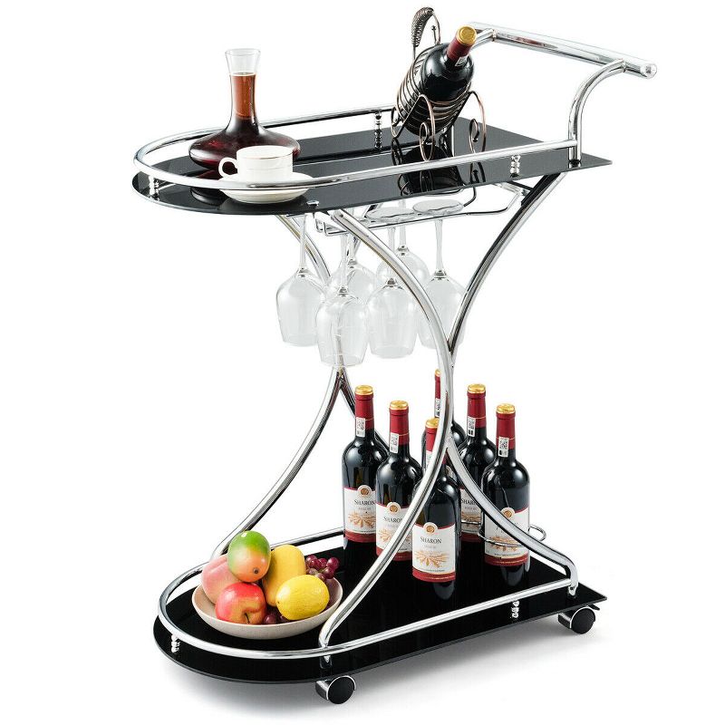 Costway Serving Cart Kitchen Bar Wine Cart 2 Tier Glass Shelves and Metal Frame w/Wheels
