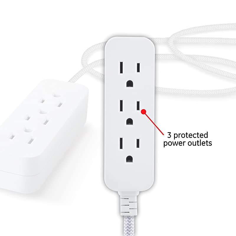 Designer Extension Cord with Sur Protection Braided Power Cord 15 ft 3 Grounded Outlets Flat Plug Premium WhiteGrey 40530