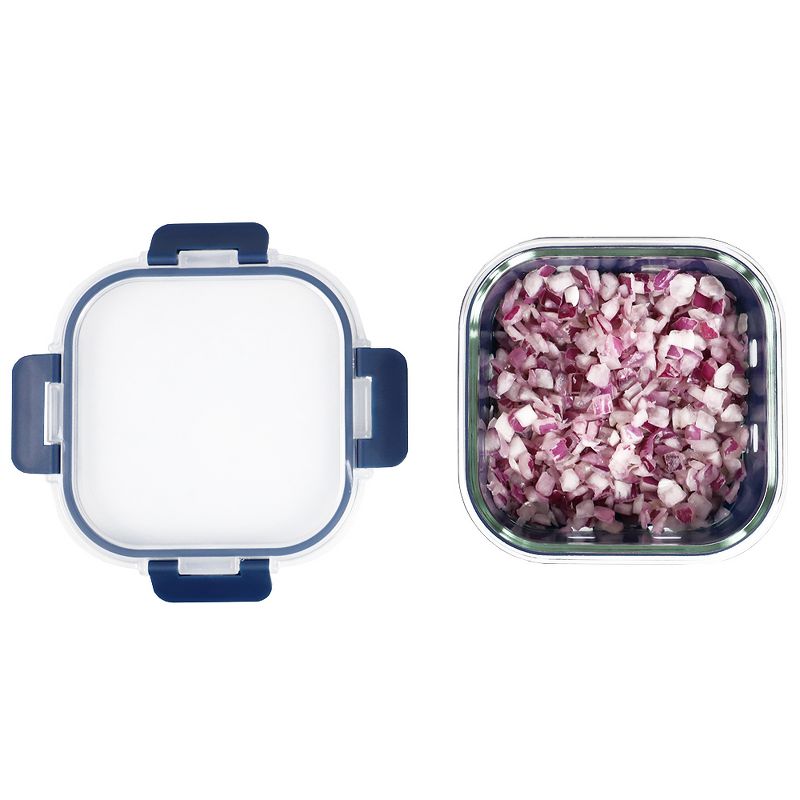 Michael Graves Design Square 27 Ounce High Borosilicate Glass Food Storage Container with Plastic Lid, Indigo