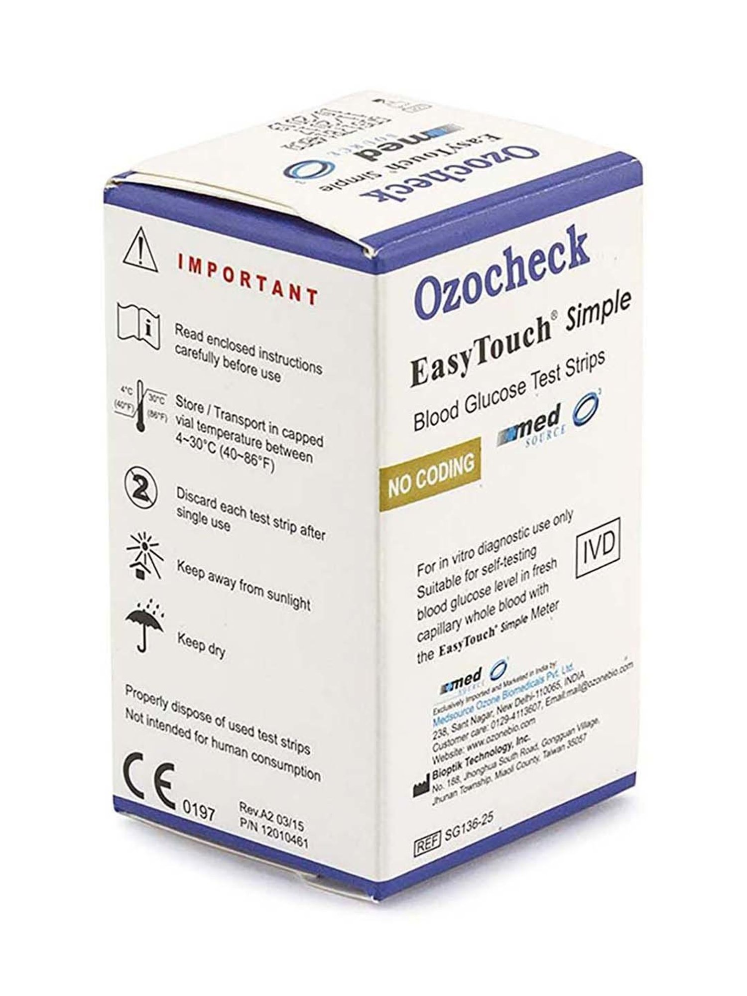 Ozocheck OZE25 Blood Glucose Test Strips, Pack of 25 Strips (White)