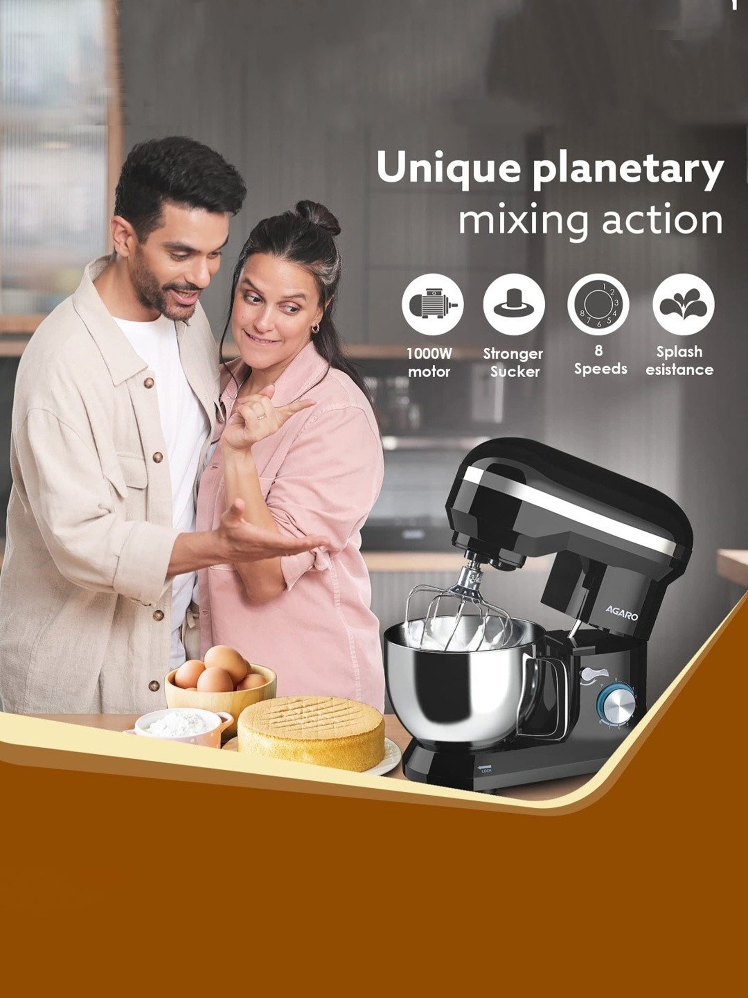 Agaro Royal Stand Mixer 1000W with 8 Speed Setting  I Includes Whisking Cone 5.5 L (Black)