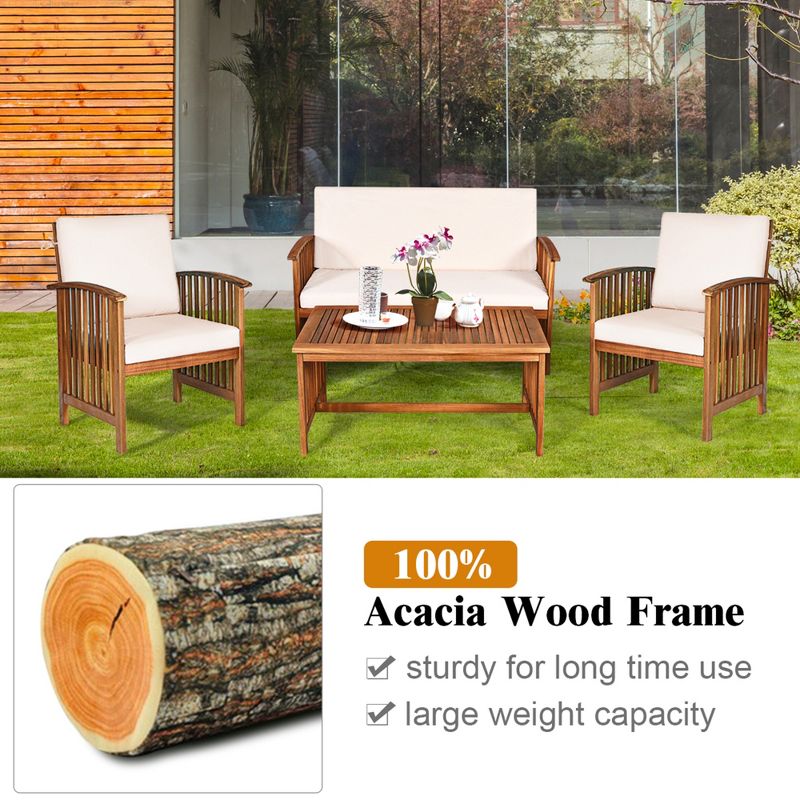 Costway 4PCS Patio Solid Wood Furniture Set Conversation Coffee Table W/White Cushion