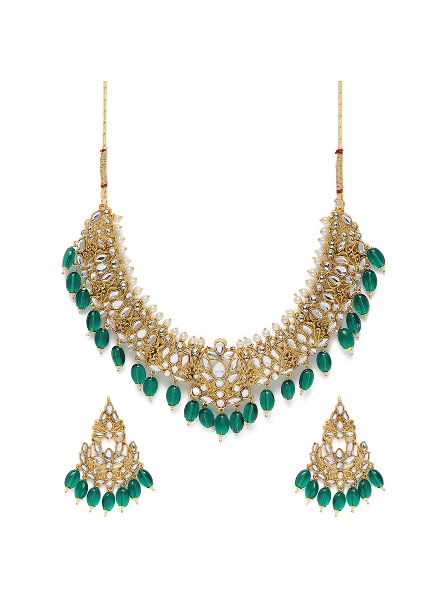 Zaveri Pearls Dangling Green Beads Traditional Kundan Necklace & Earring Set-ZPFK10246