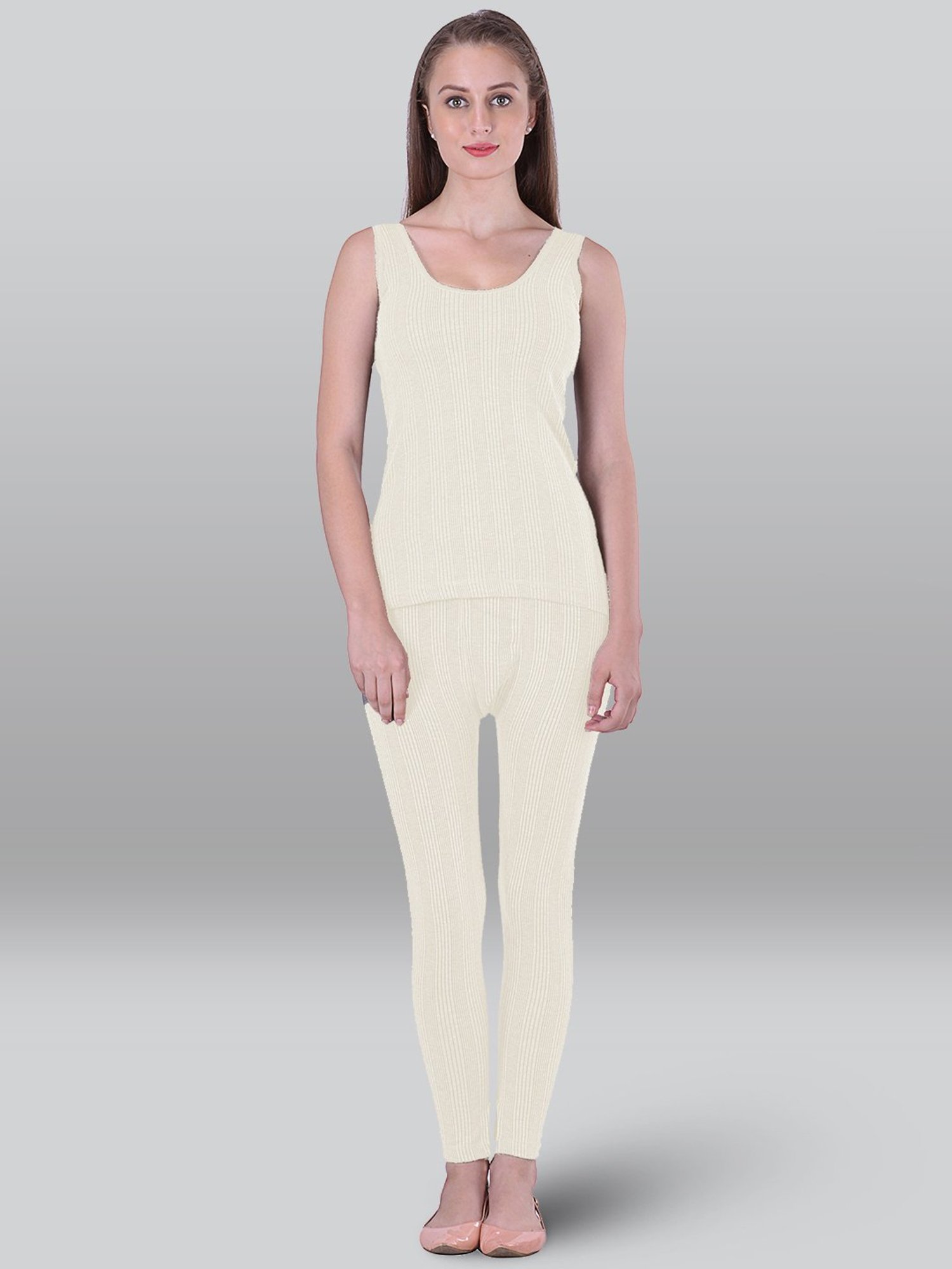 LUX Inferno Off-White Striped Thermal Tank Top Leggings Set - Pack Of 2