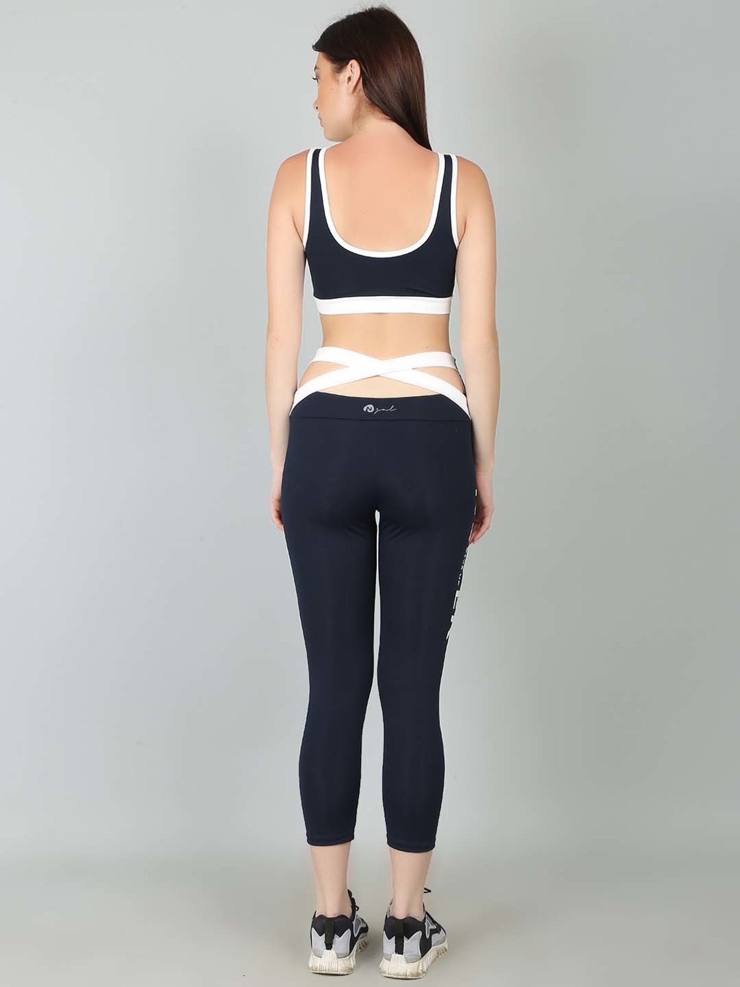 N-Gal Navy & White Printed Sports Bra With Tights Set