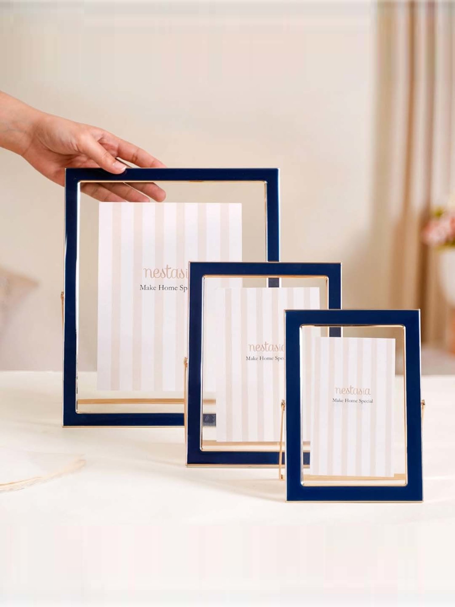 Nestasia Gold Plated Floating Navy Blue Photo Frame Set Of 3