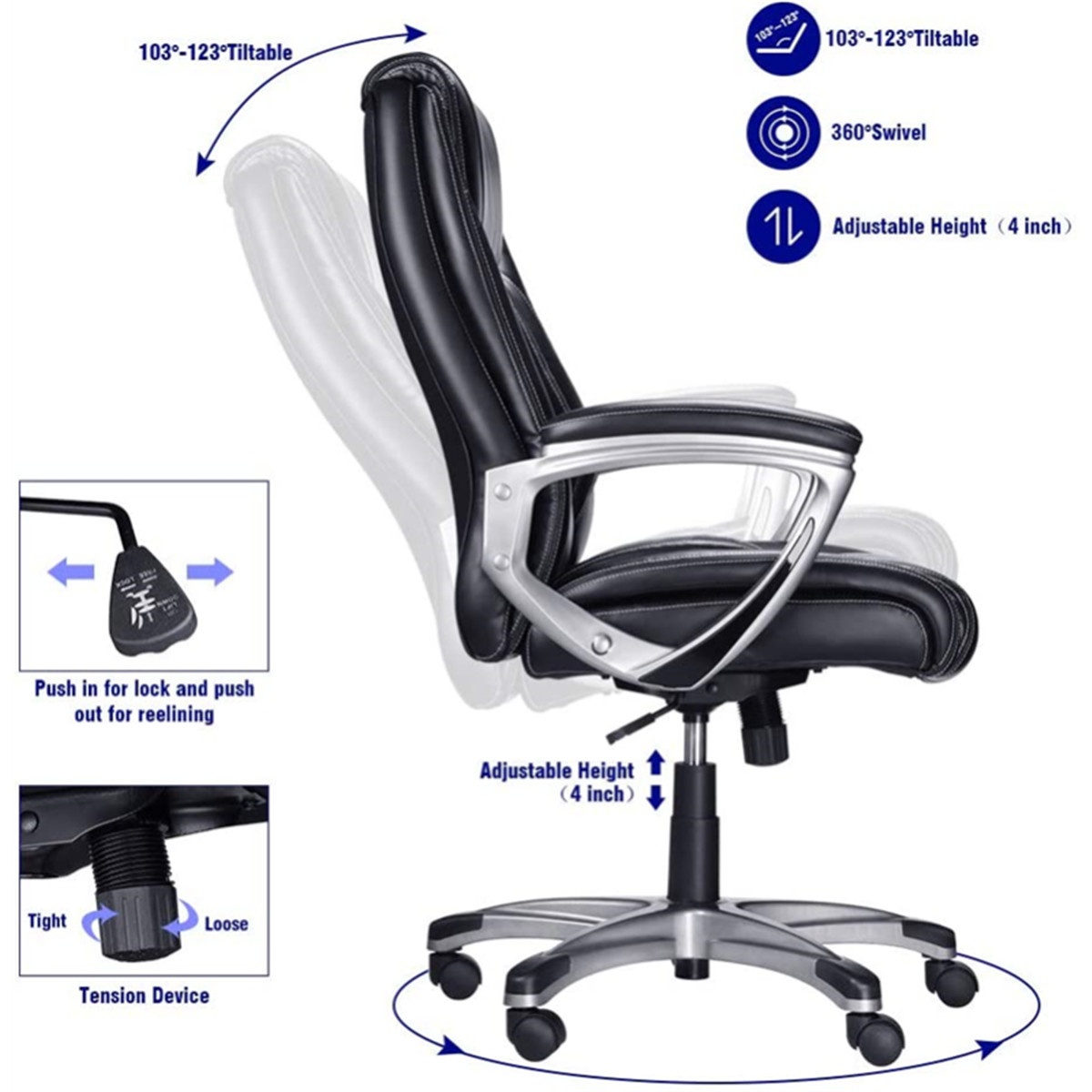 360&deg; Swivel Executive Office Chair High Back Leather Executive Computer