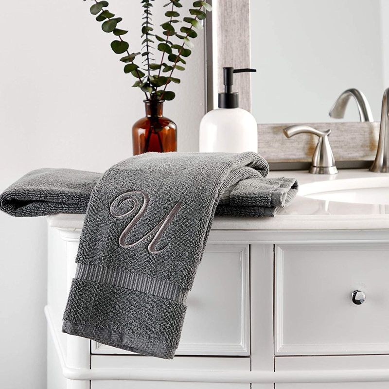 Juvale 2 Pack Monogrammed Hand Towels, Letter U Embroidered Gift (16 x 30 in, Grey)
