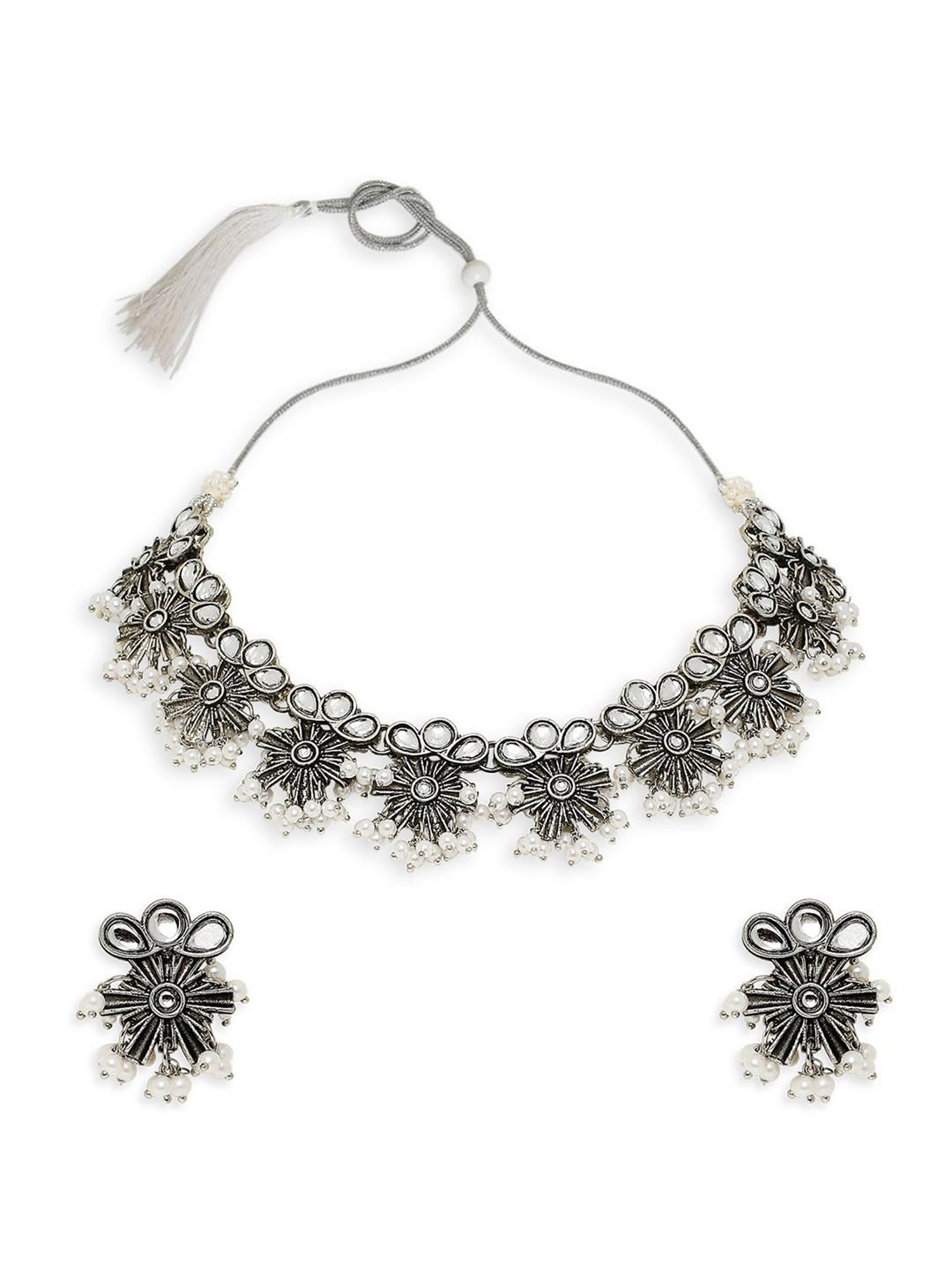OOMPH Oxidized Silver Tone Kundan & Pearls Floral Choker Necklace Set with Drop Earrings