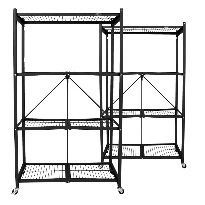 Origami Wheeled 4-Shelf Folding Steel Wire Shelving, Black, 2 Pack (21"x36"x60")