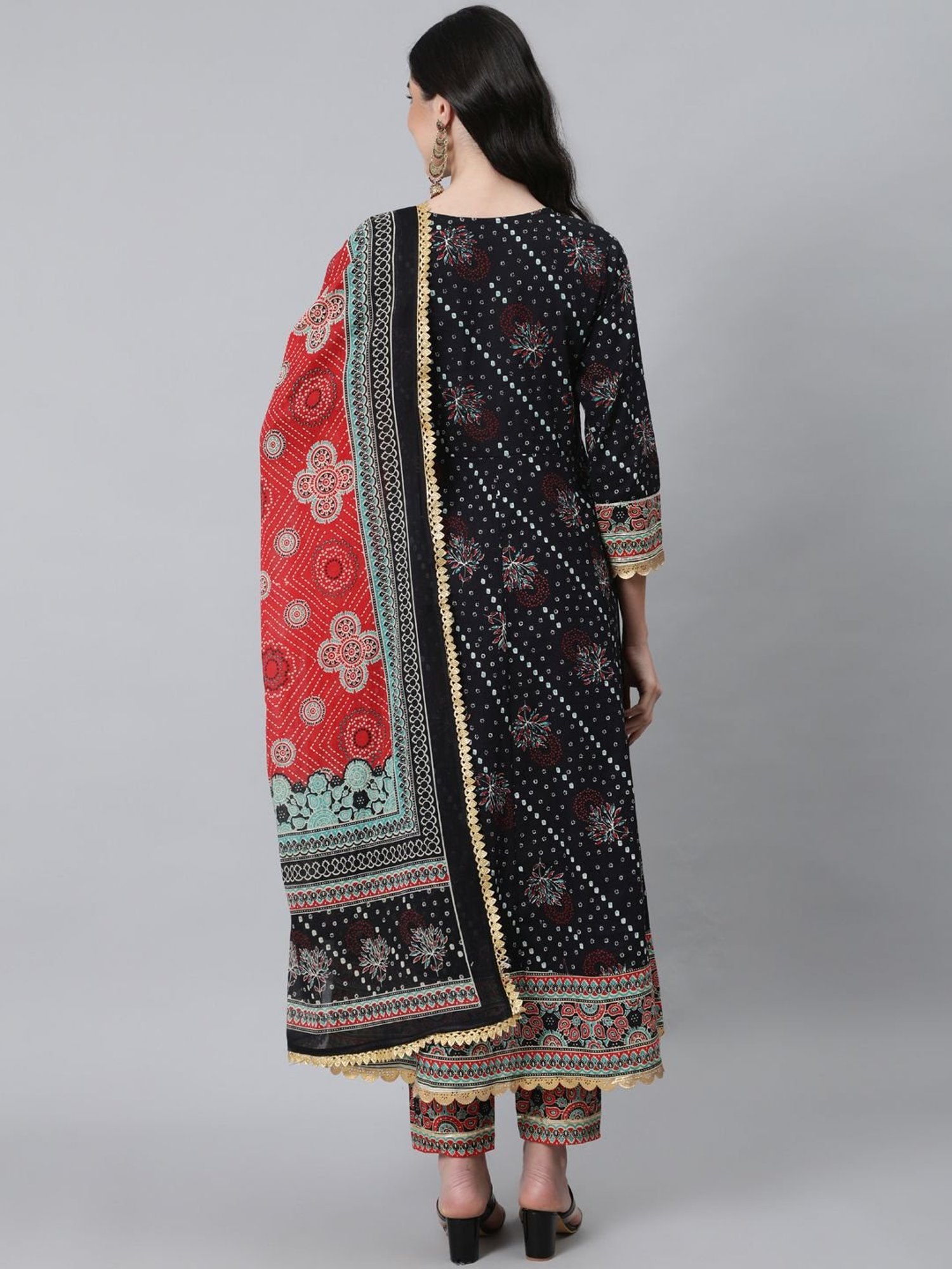 Anubhutee Black & Red Cotton Embroidered Kurta Pant Set With Dupatta