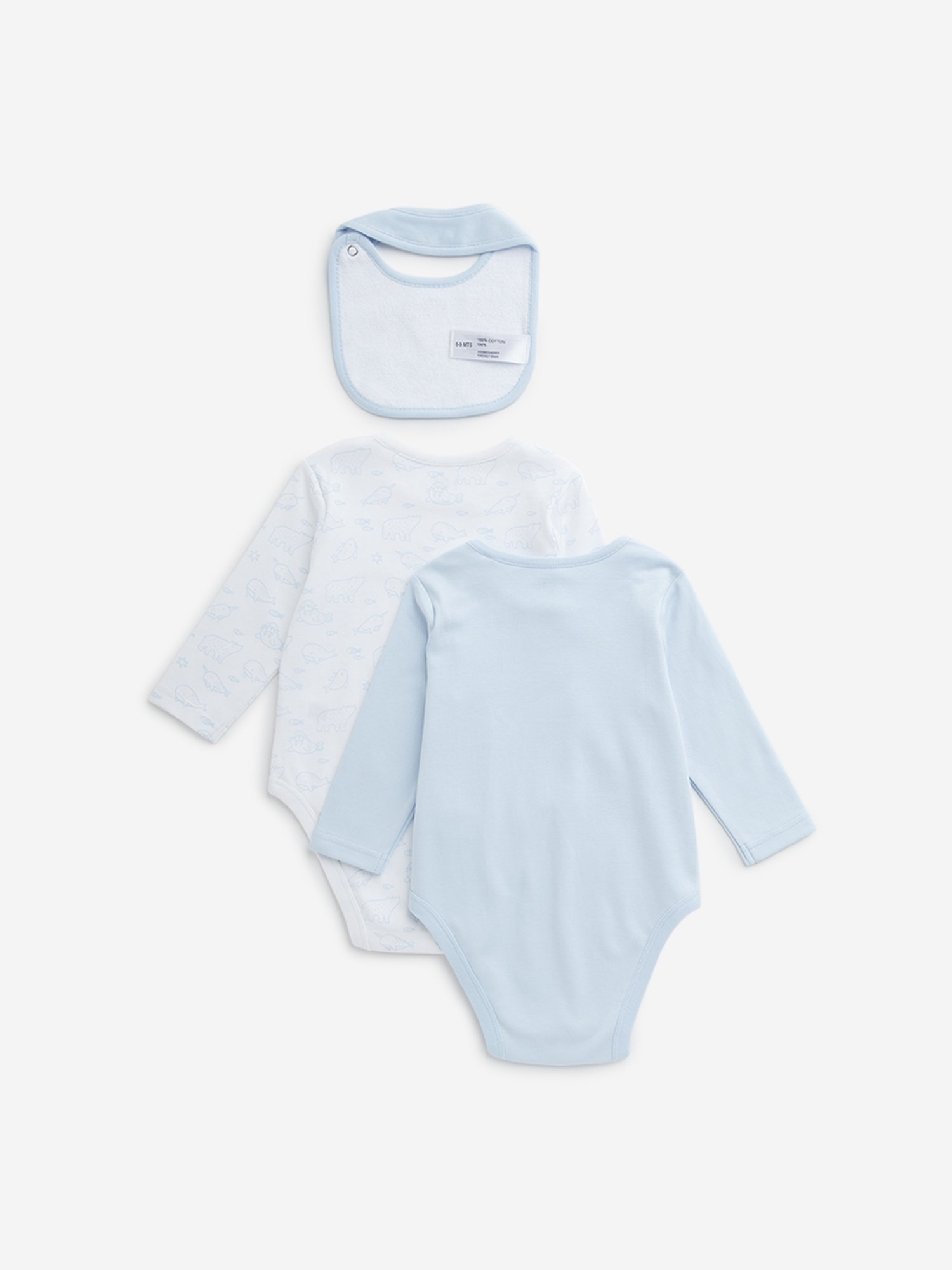 HOP Baby by Westside Light Blue Print Cotton Rompers & Bib - Pack of 2