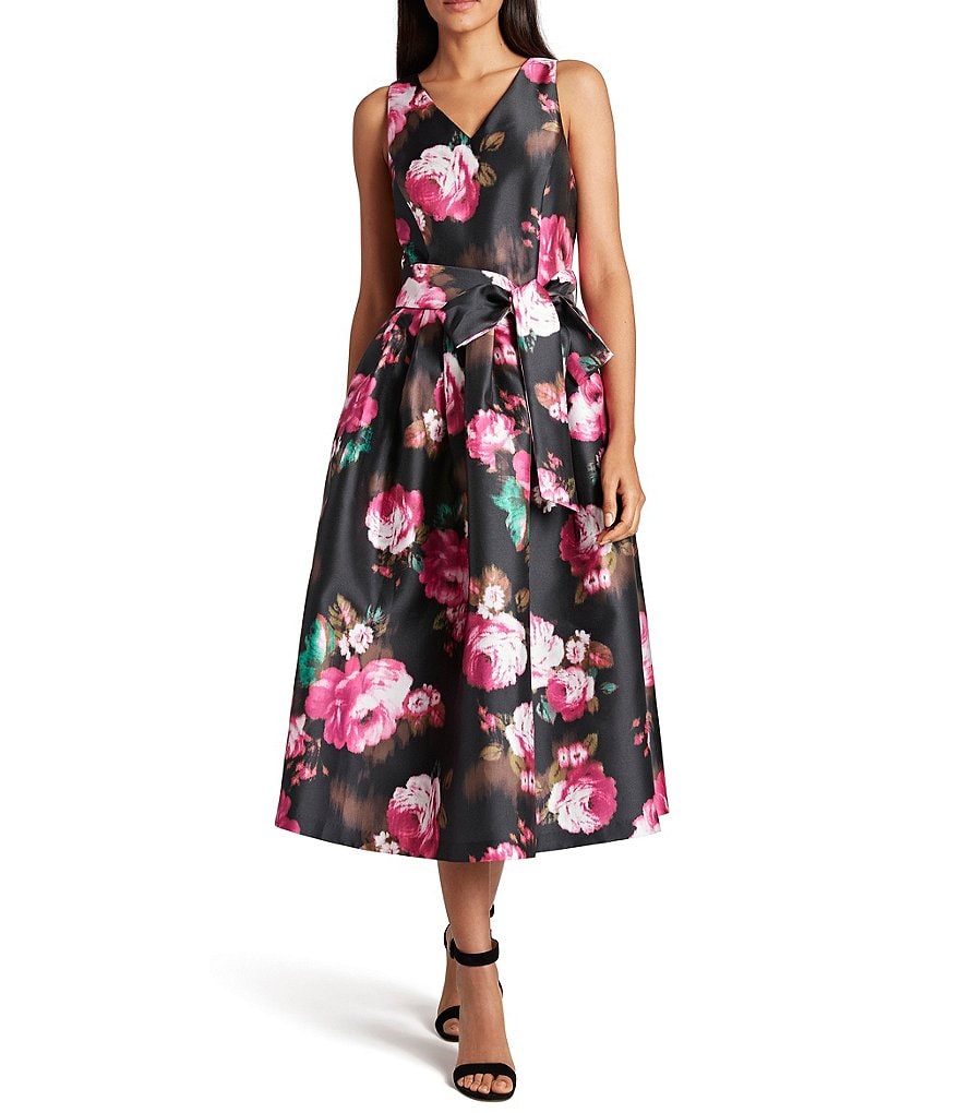 Tahari ASL Sleeveless Floral V-Neck A-Line Dress