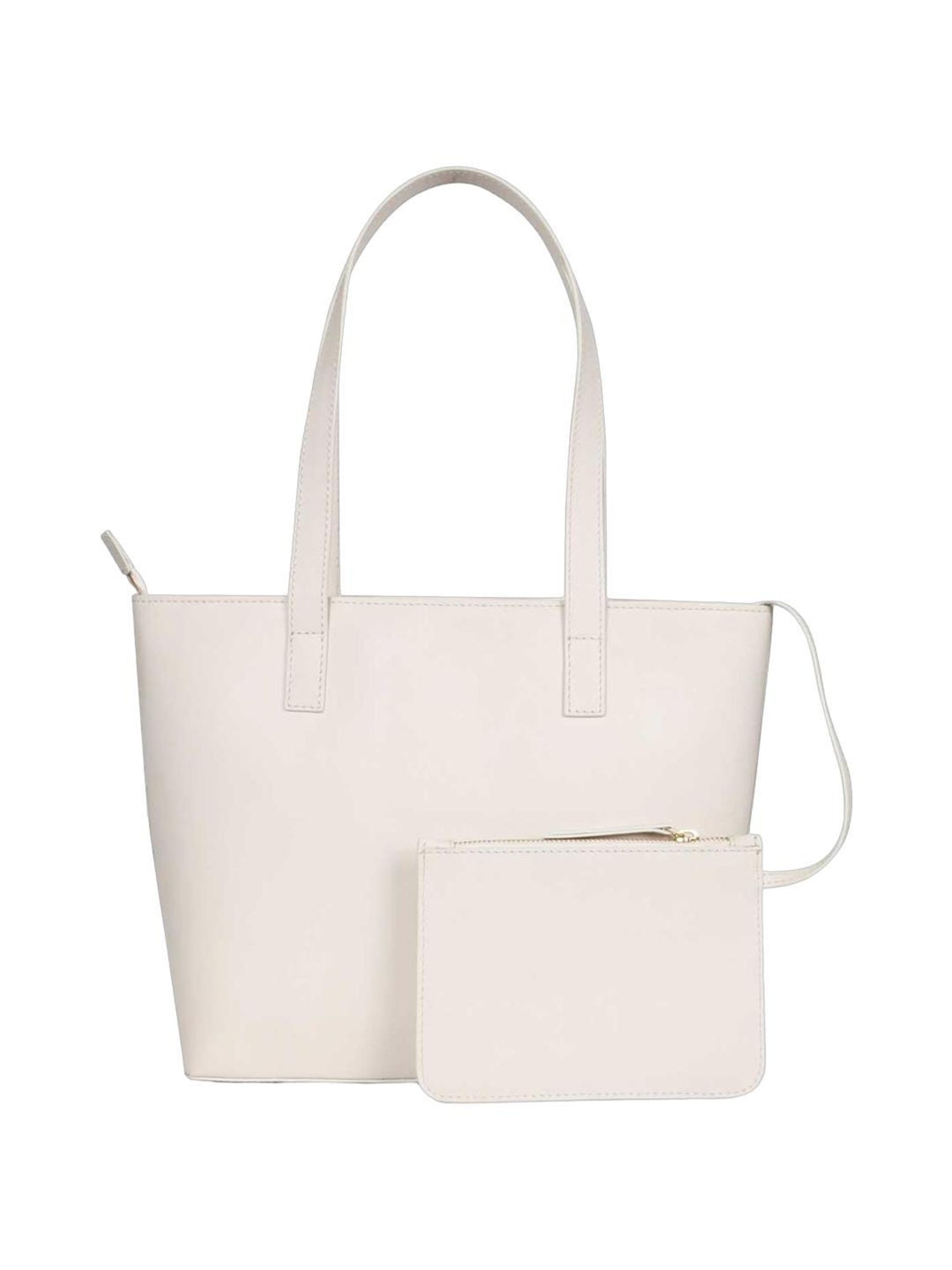 Favore White Solid Medium Tote Handbag with Pouch