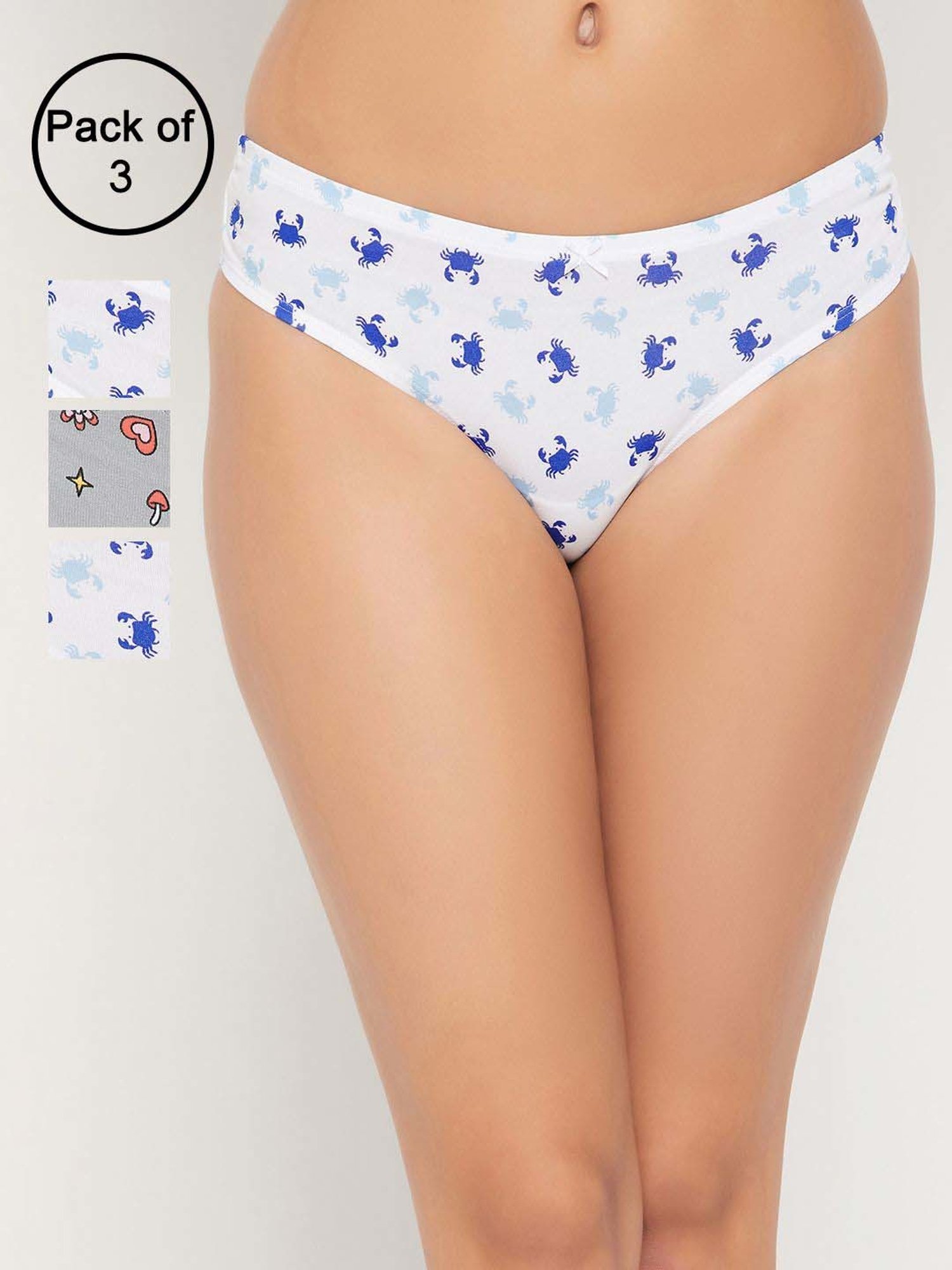 Clovia White & Grey Cotton Printed Hipster Panty - Pack Of 3