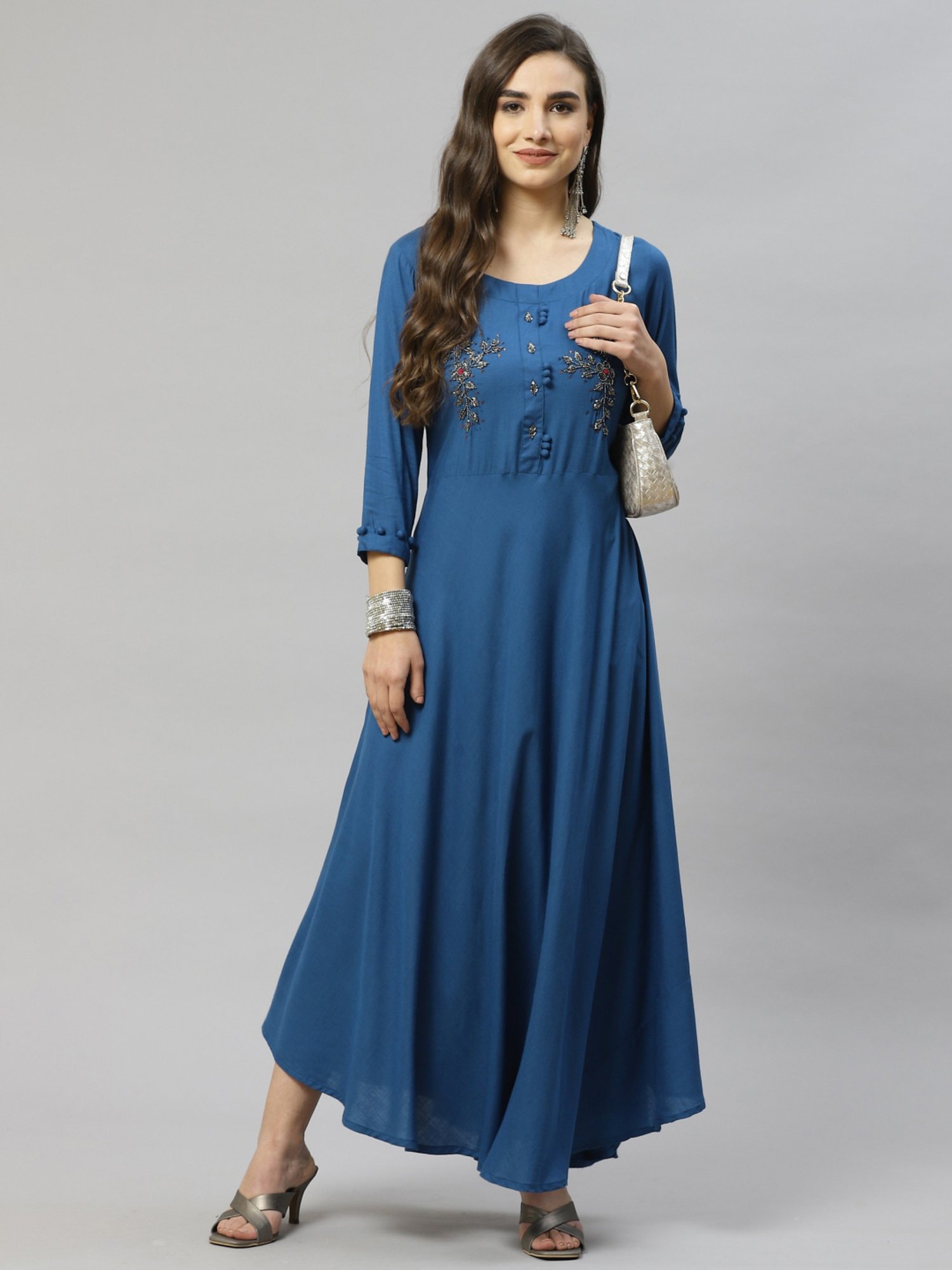 HIGHLIGHT FASHION EXPORT Teal Blue Embellished Maxi Dress