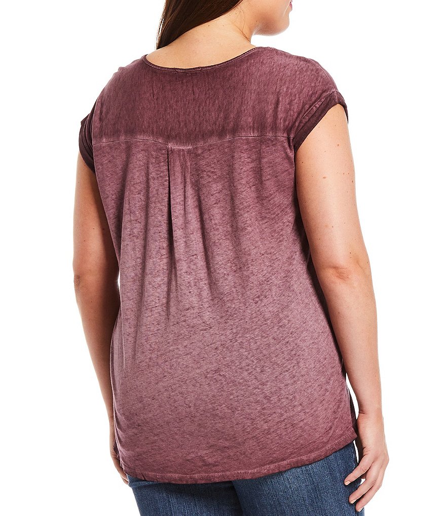 Democracy Plus Size Crochet Stripe Washed Knit Jewel Neck Cap Sleeve Top