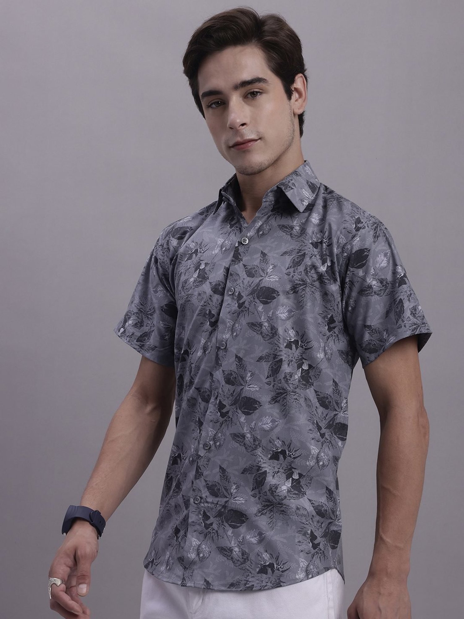 Jainish Charcoal Regular Fit Floral Print Shirt