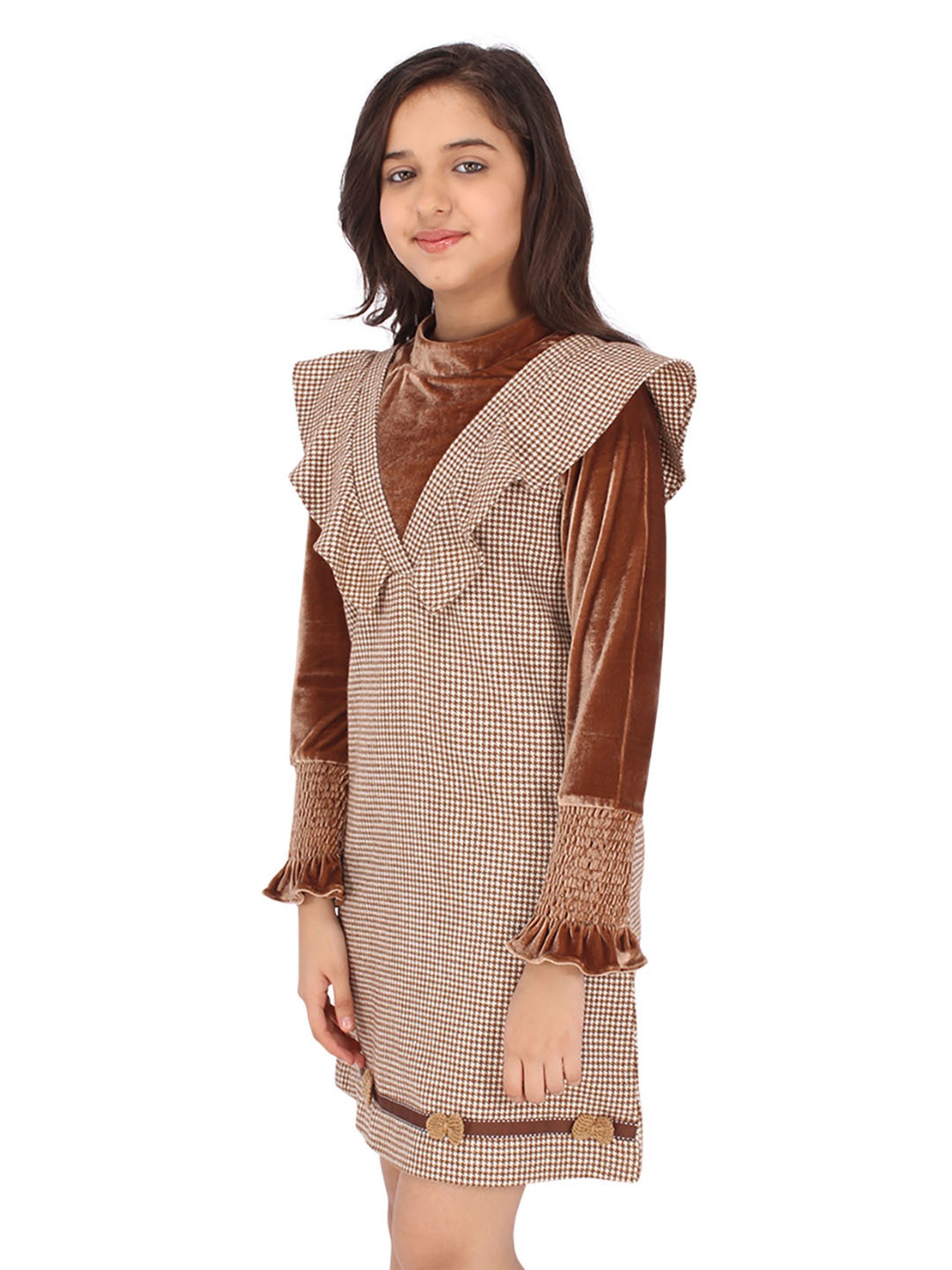 Cutecumber Kids Brown & White Printed Full Sleeves Dress