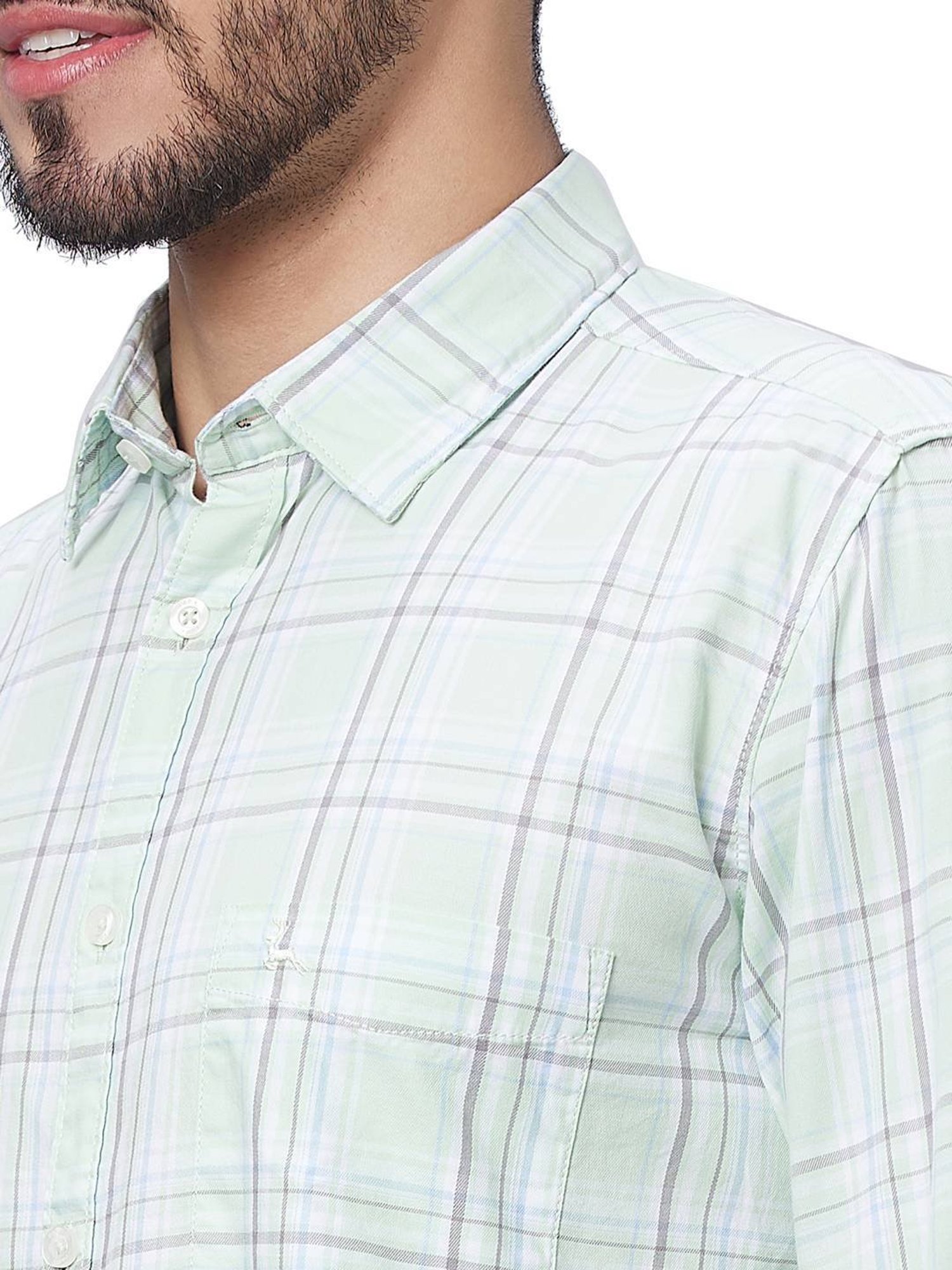 Parx Light Green Cotton Slim Fit Checks Shirt