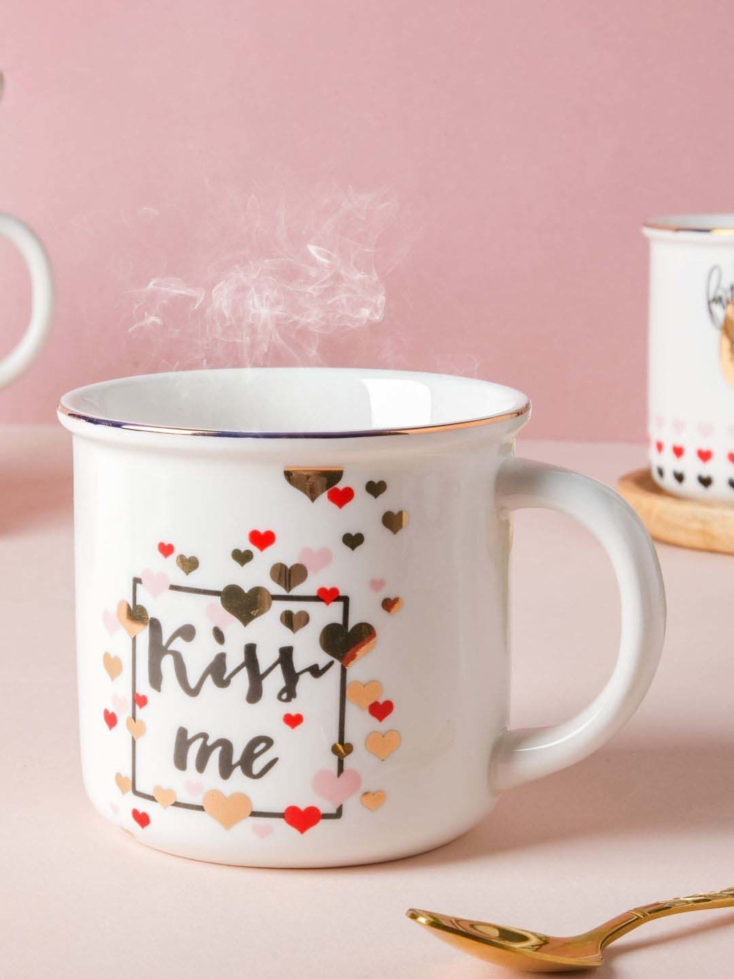 Nestasia Gold Rimmed Kiss Me White Fine Ceramics Mug for Coffee, Food-Safe, 350ml Capacity