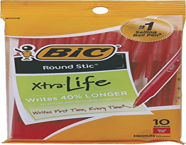 BIC Round Stic Ball Pen, Medium Point, Red, 10 Pens (GSMP101)