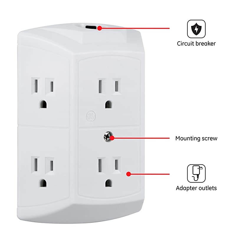 6Outlet Wall Tap Reset Button Circuit Breaker Power Outlet Extender Adapter Spaced Outlets 3 Prong Plug Grounded UL Listed White 56575