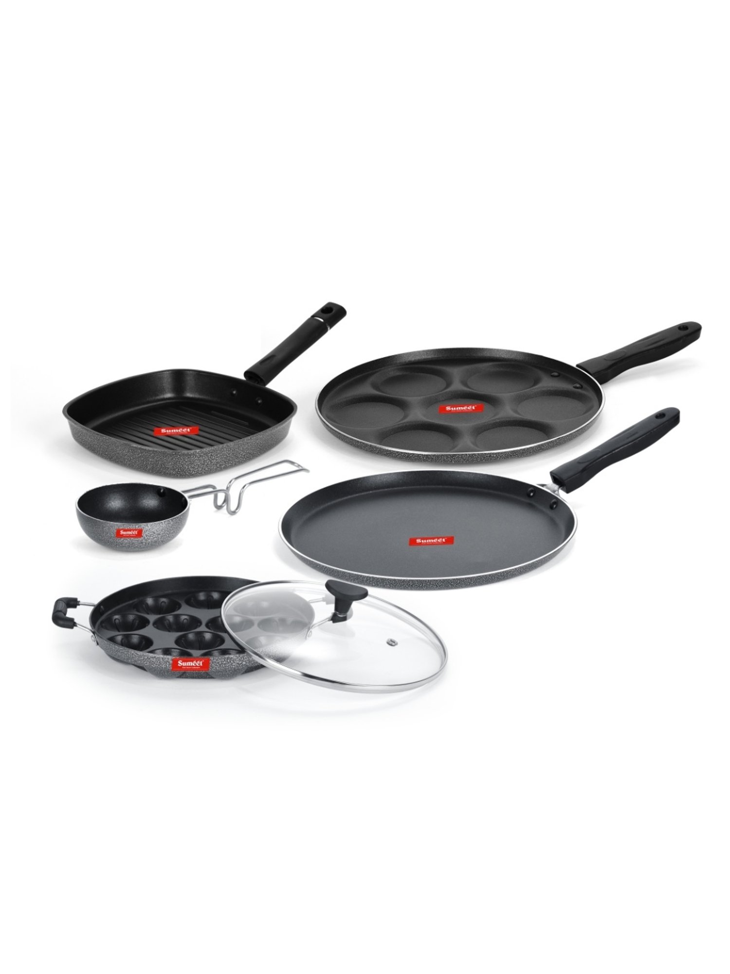 Sumeet NonStick Cookware Set (Dosa Tawa+Snack Maker+Appam Patra & Glass Lid+Grill Pan+Tadka pan)