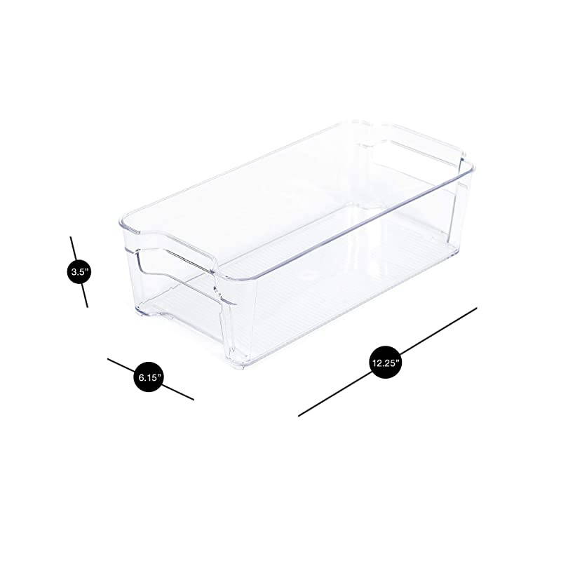 Stackable Refrigerator Bin 6 x 12 Inch wHandle BPA Free Polyethylene for Fridge Freezer Pantry Organization Kitchen Clear Set of 4