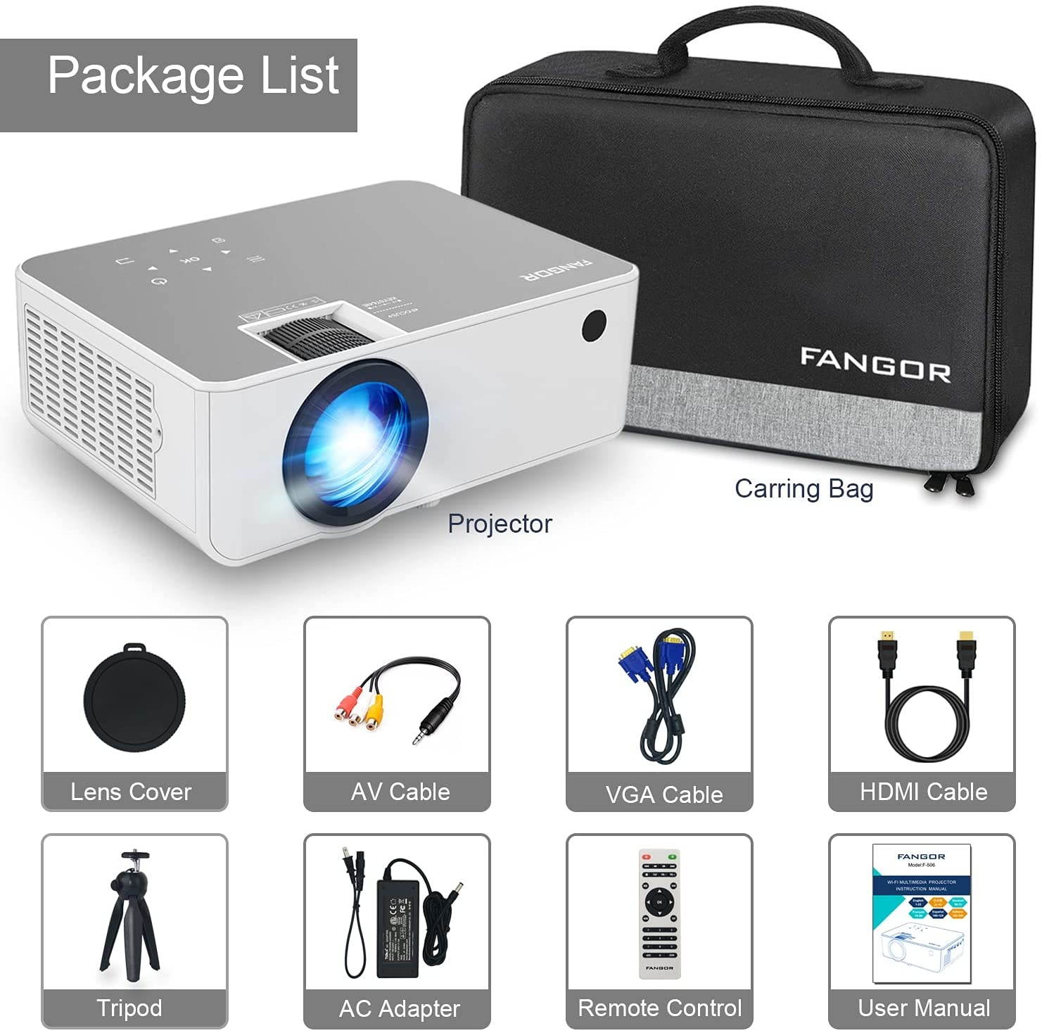FANGOR F-506 1080P HD Projector, 230" Portable WiFi Bluetooth  Projector with Tripod, Compatible with TV Stick, HDMI, VGA, USB, Laptop, iOS & Android