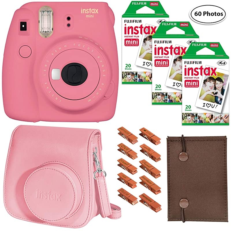 Instax Mini 9 Flamingo Pink 3X Instax Film 60 Sheets Groovy Case Accordion Album and Hanging Pegs
