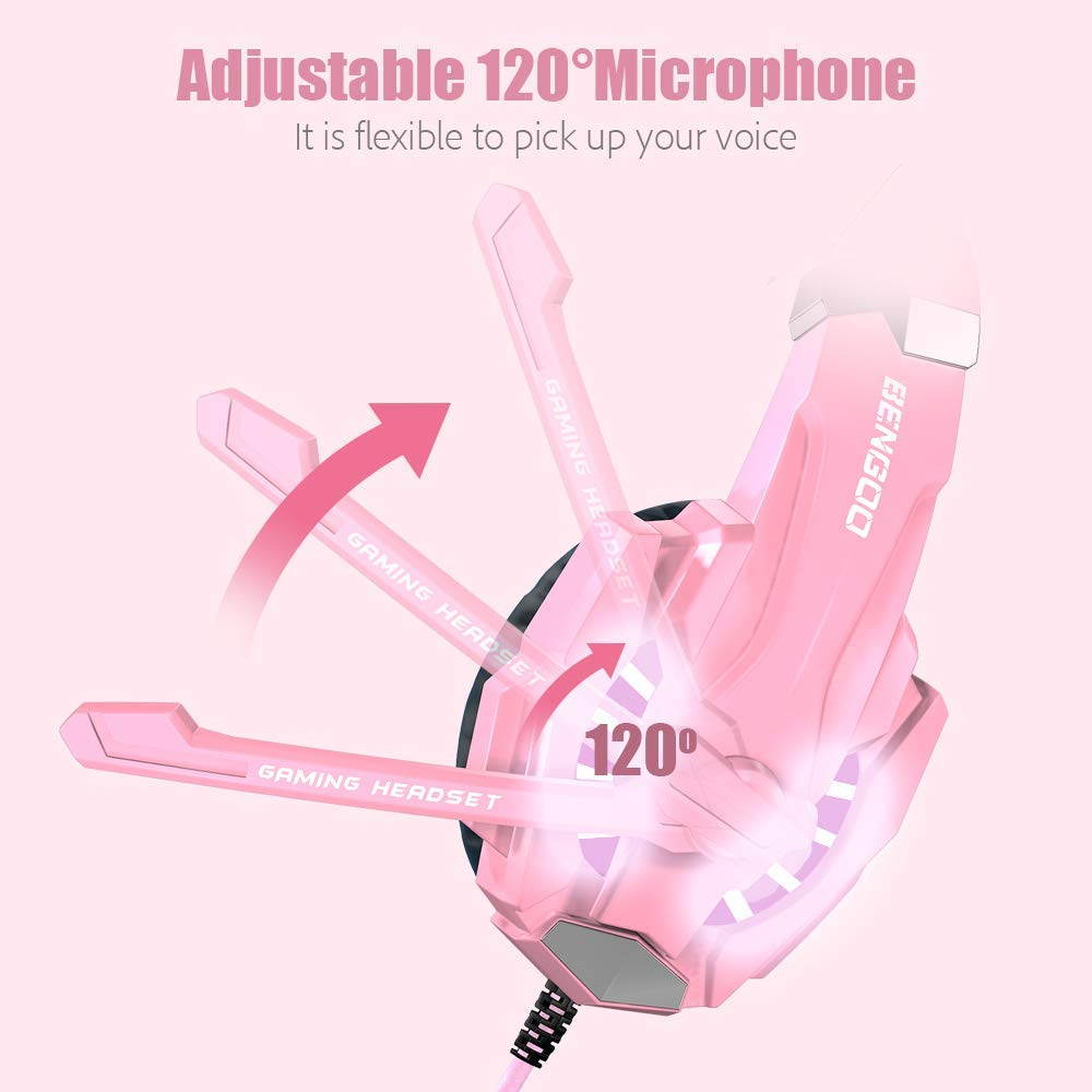 BENGOO Stereo Gaming Headset for PS4, PC, Xbox One Controller, Noise Cancelling Over Ear Headphones Mic, LED Light, Bass Surround, Soft Memory Earmuffs for Laptop Mac Nintendo Switch (Pink)