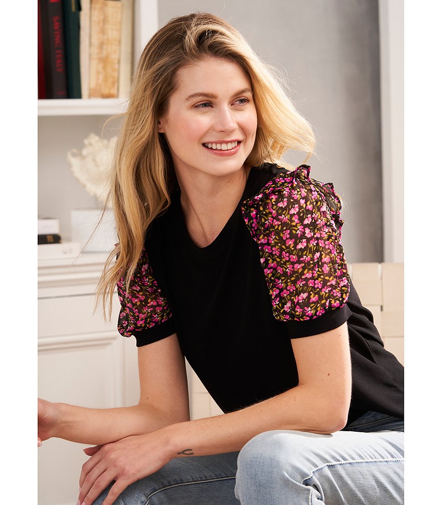 CeCe Ditsy Round Neck Floral Puff Sleeve Knit Top