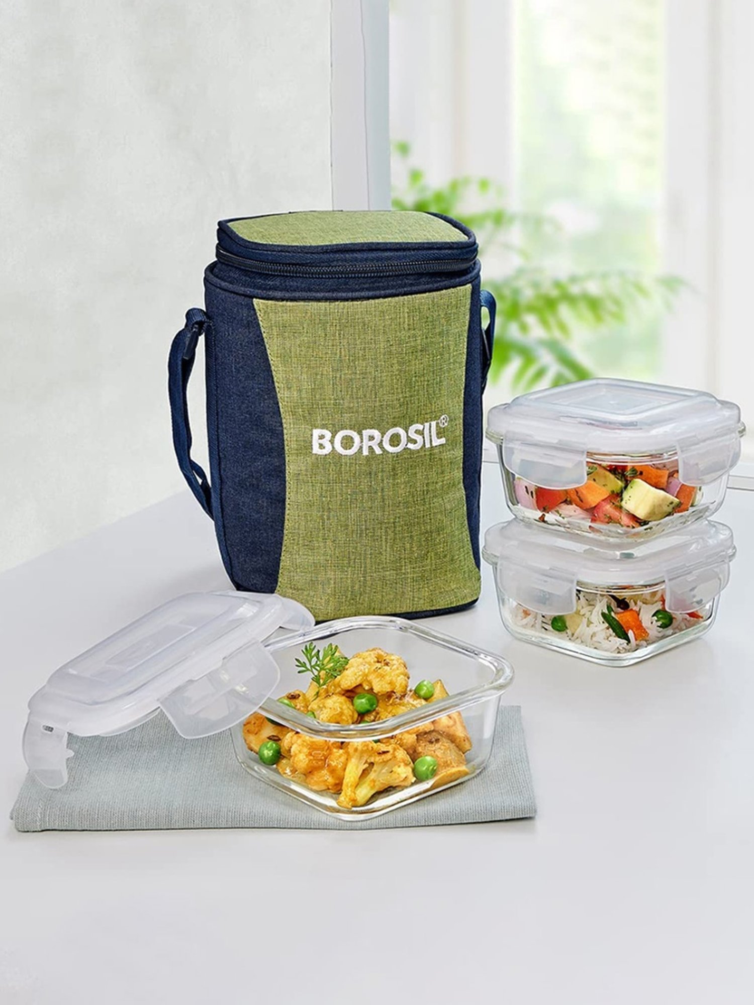 Borosil Ace Square Glass Lunch Box with Lunch Bag Set of 3 (Green, 320 ml)