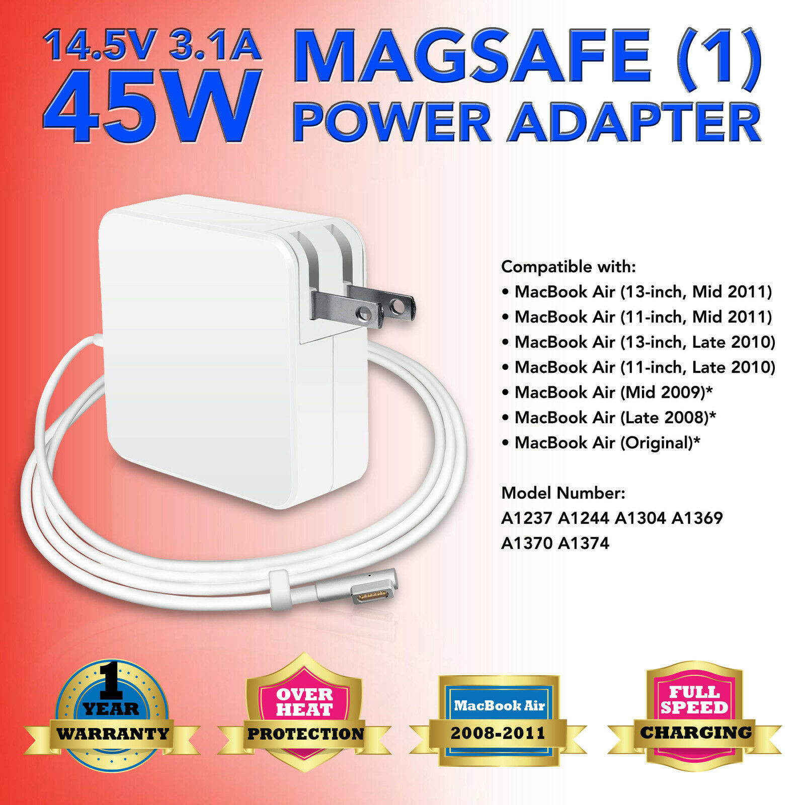 45W Power Supply Charger Adapter for Apple Macbook Air 11" 13" A1237 A1369 A1304--Before Mid 2012 Models
