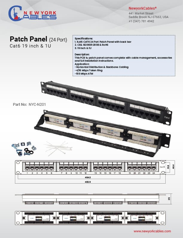 NewYork Cables Cat6 24 Port Patch Panel 1U Rackmount Horizontal UTP Patch Panel - RJ45 Ethernet - T568B