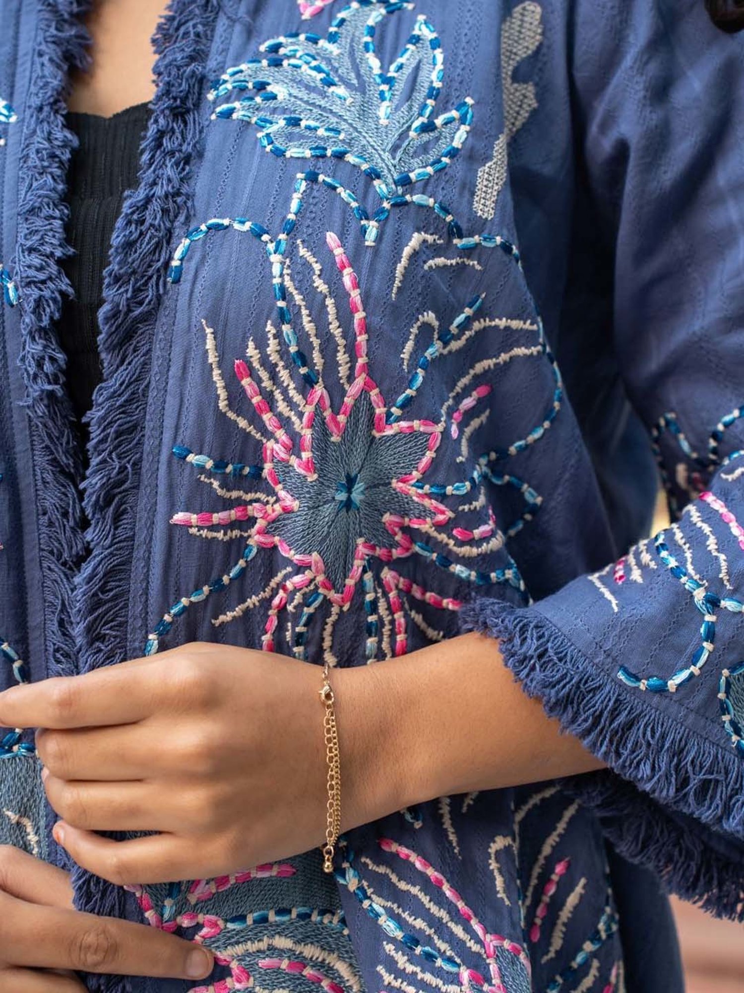 Zolo Label Blue Cotton Embroidered Jacket