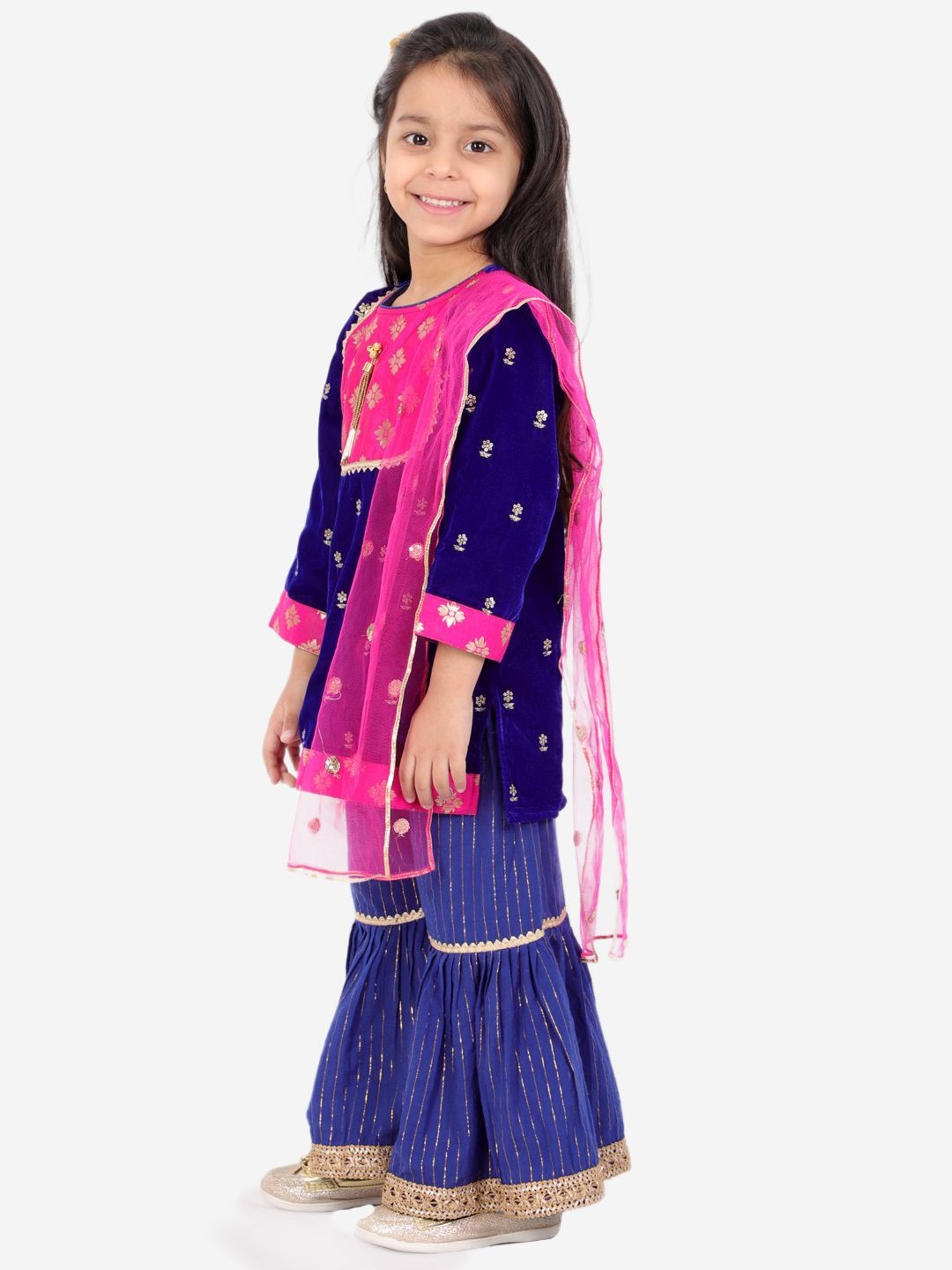Little Bansi Kids Blue & Rani Embroidered Suit Set