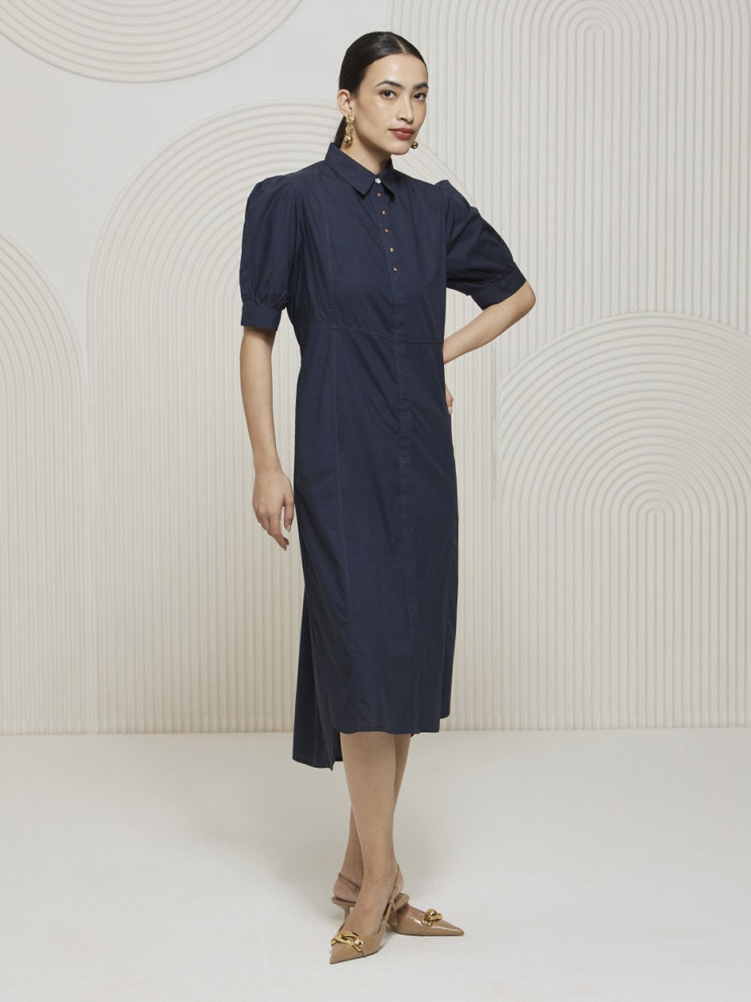 Artagai Midnight Navy Elevated Basics Front Open Calf Length Dress