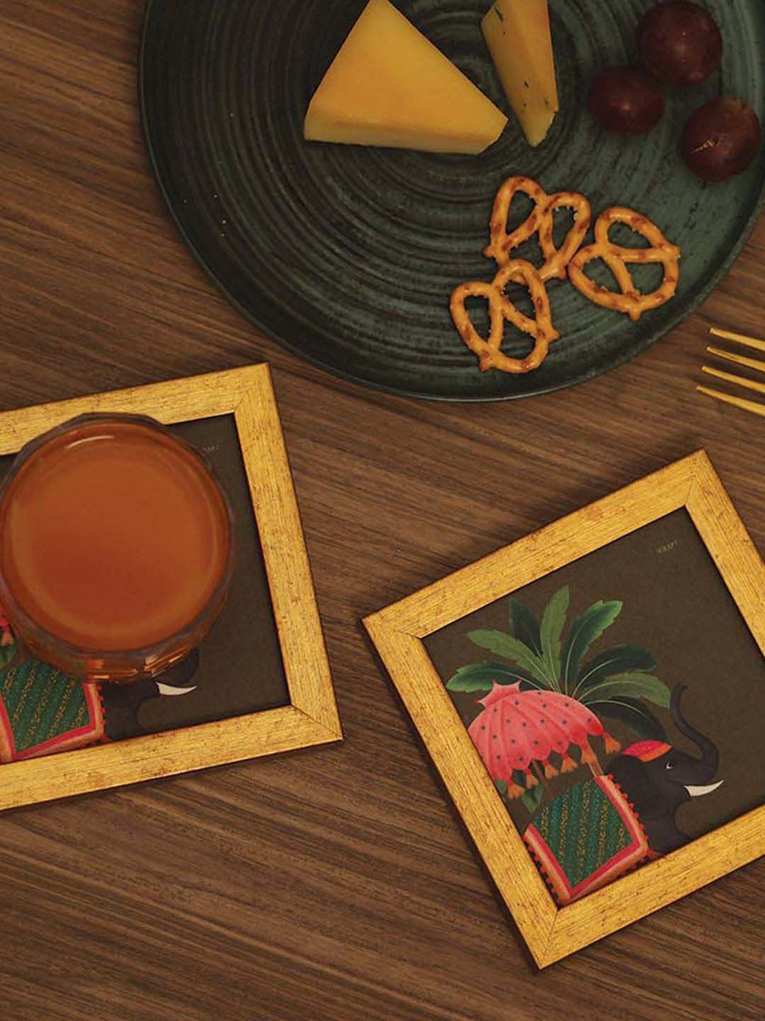 ICRAFT Multicolor Mdf Gajraj Series Framed Coasters - Set of 2